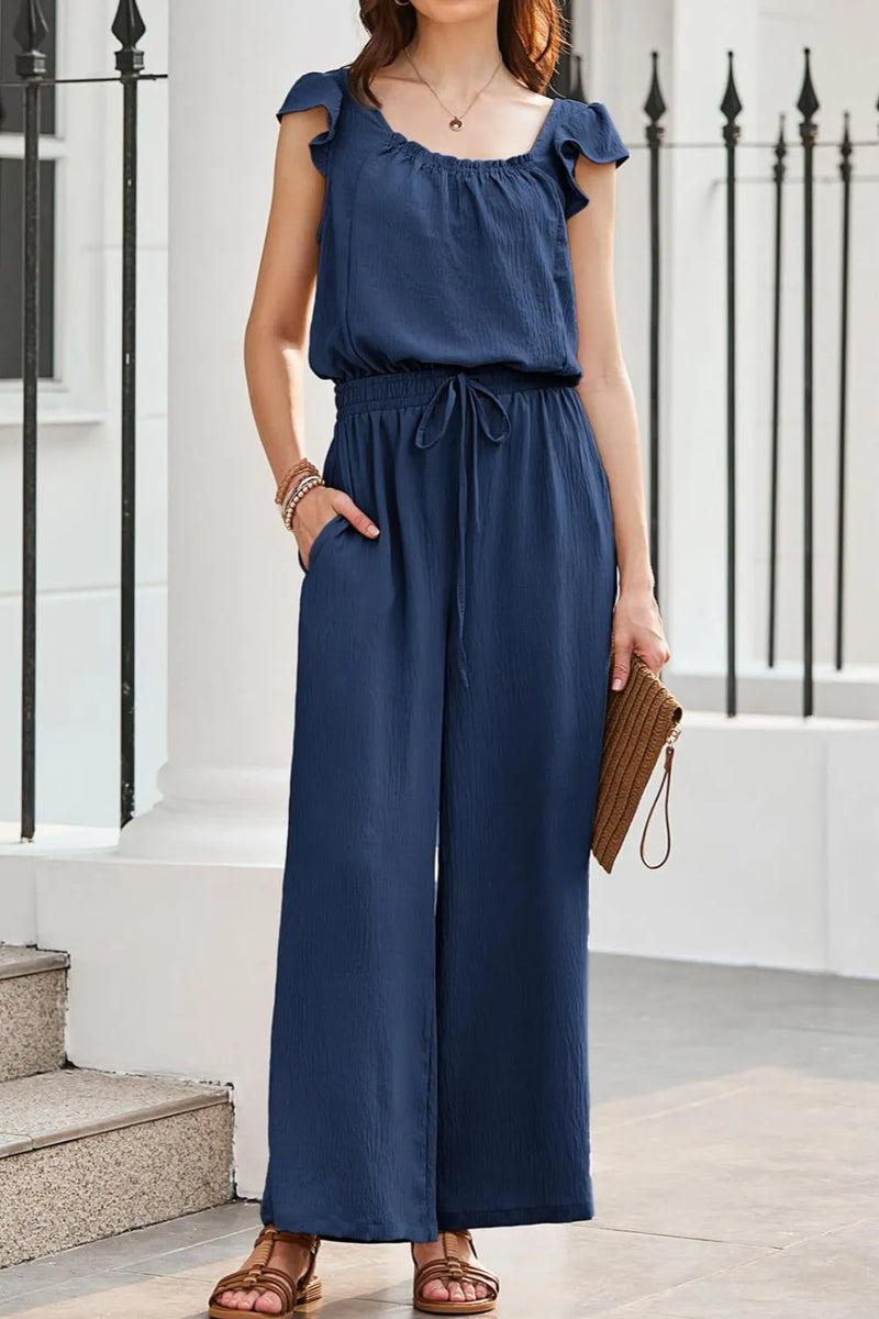 Perfee Printed Round Neck Cap Sleeve Wide Leg Jumpsuit