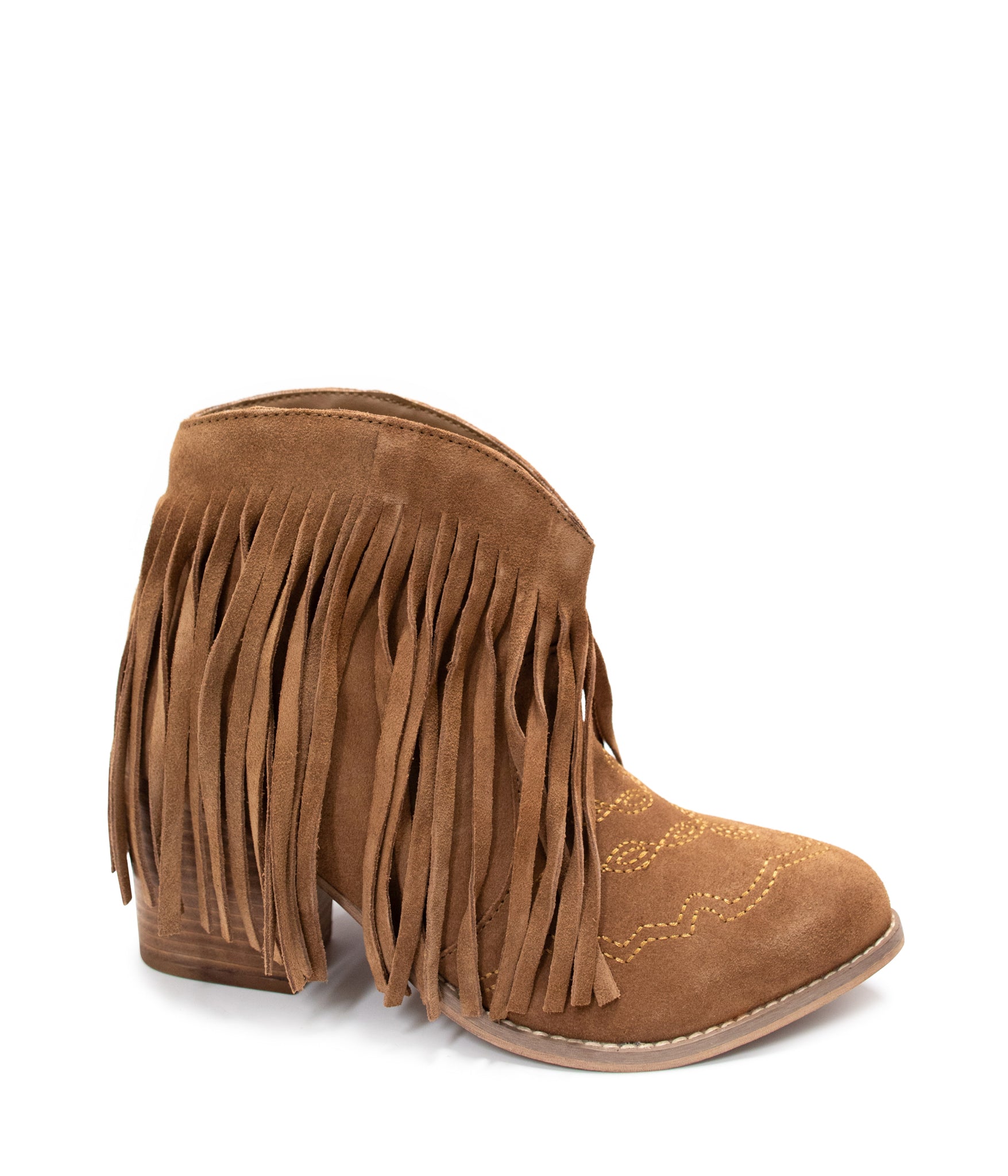 Amos Fringe Ankle Bootie in Tan Suede - Charming Charlie