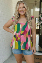 Abstract Print Ruffle Sleeve Babydoll Top - Charming Charlie