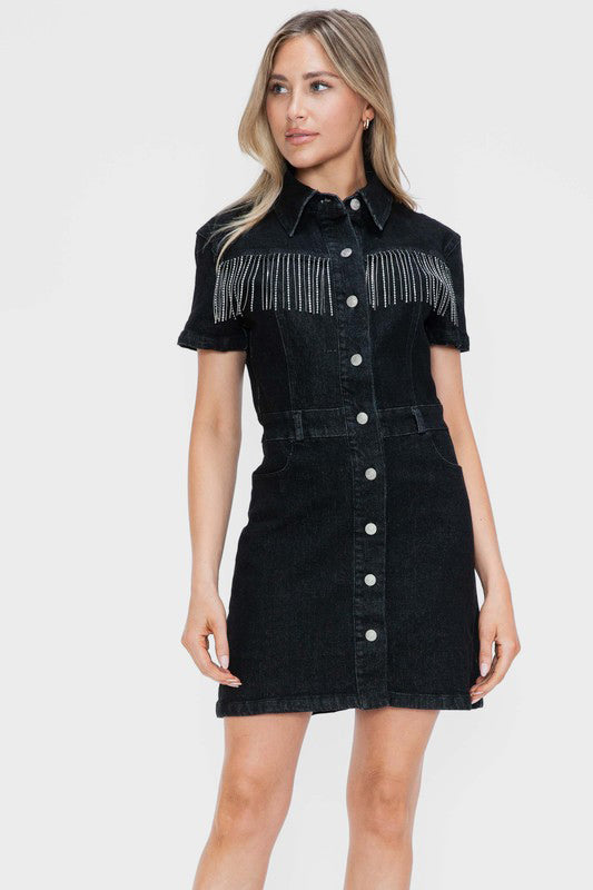 bytos Full Size Embellished Button Down Short Sleeve Denim Dress - Charming Charlie