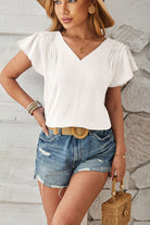 Ruched V-Neck Flounce Sleeve Blouse - Charming Charlie
