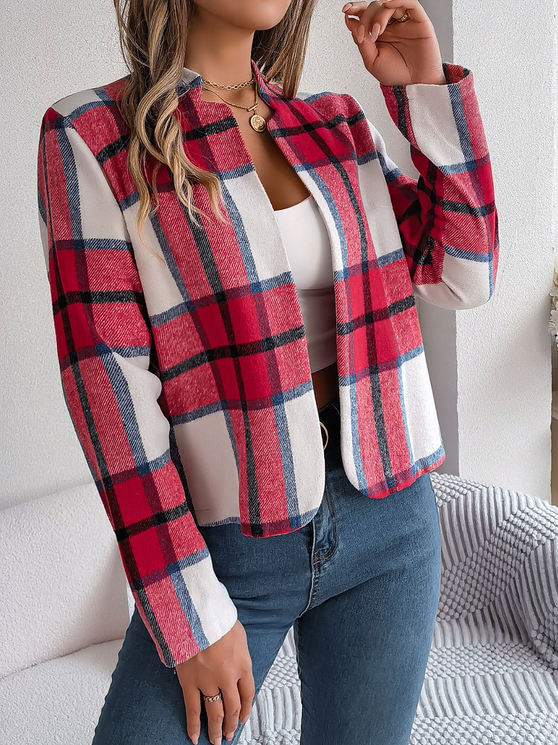 Plaid Open Front Long Sleeve Jacket - Charming Charlie
