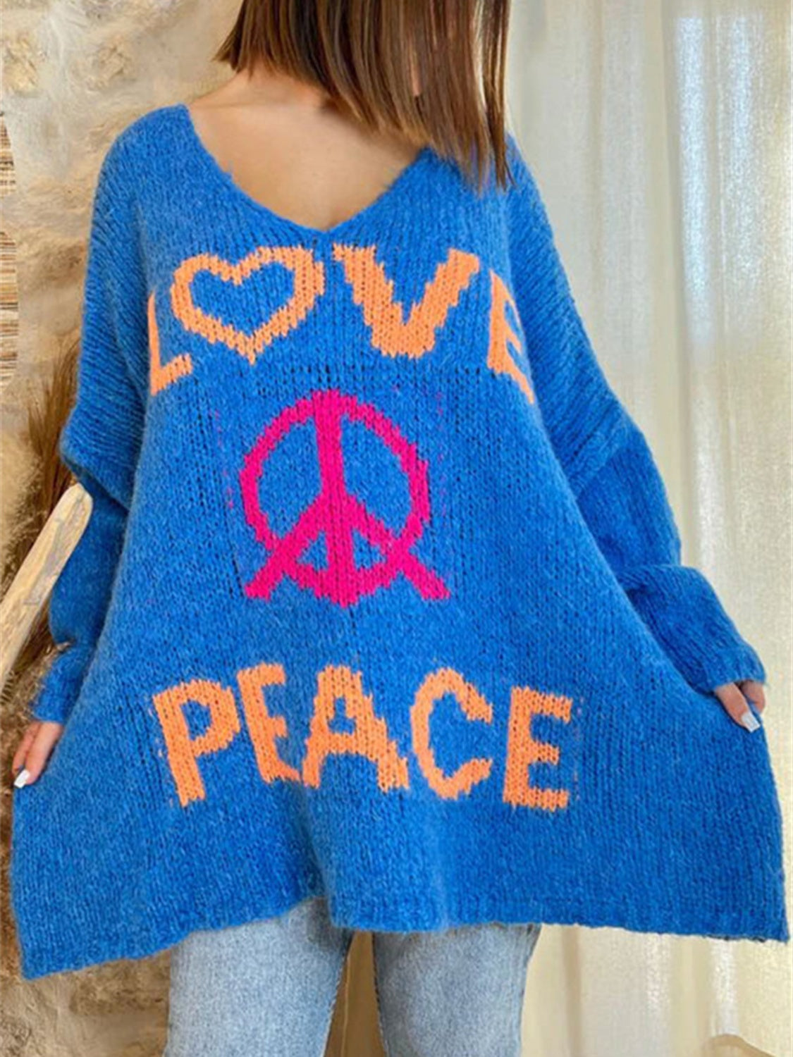 Peace Graphic V-Neck Long Sleeve Sweater - Charming Charlie