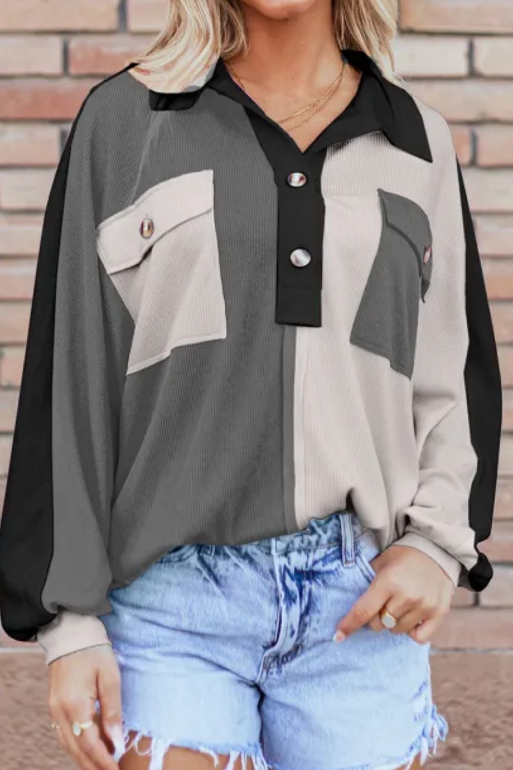 Color Block Collared Neck Long Sleeve Sweatshirt - Charming Charlie