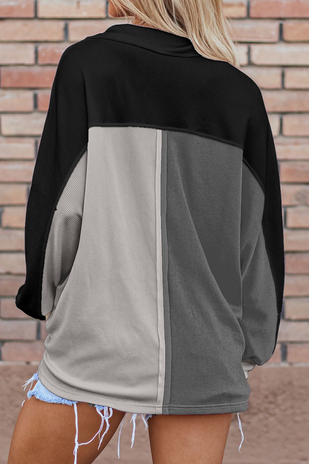 Color Block Collared Neck Long Sleeve Sweatshirt - Charming Charlie