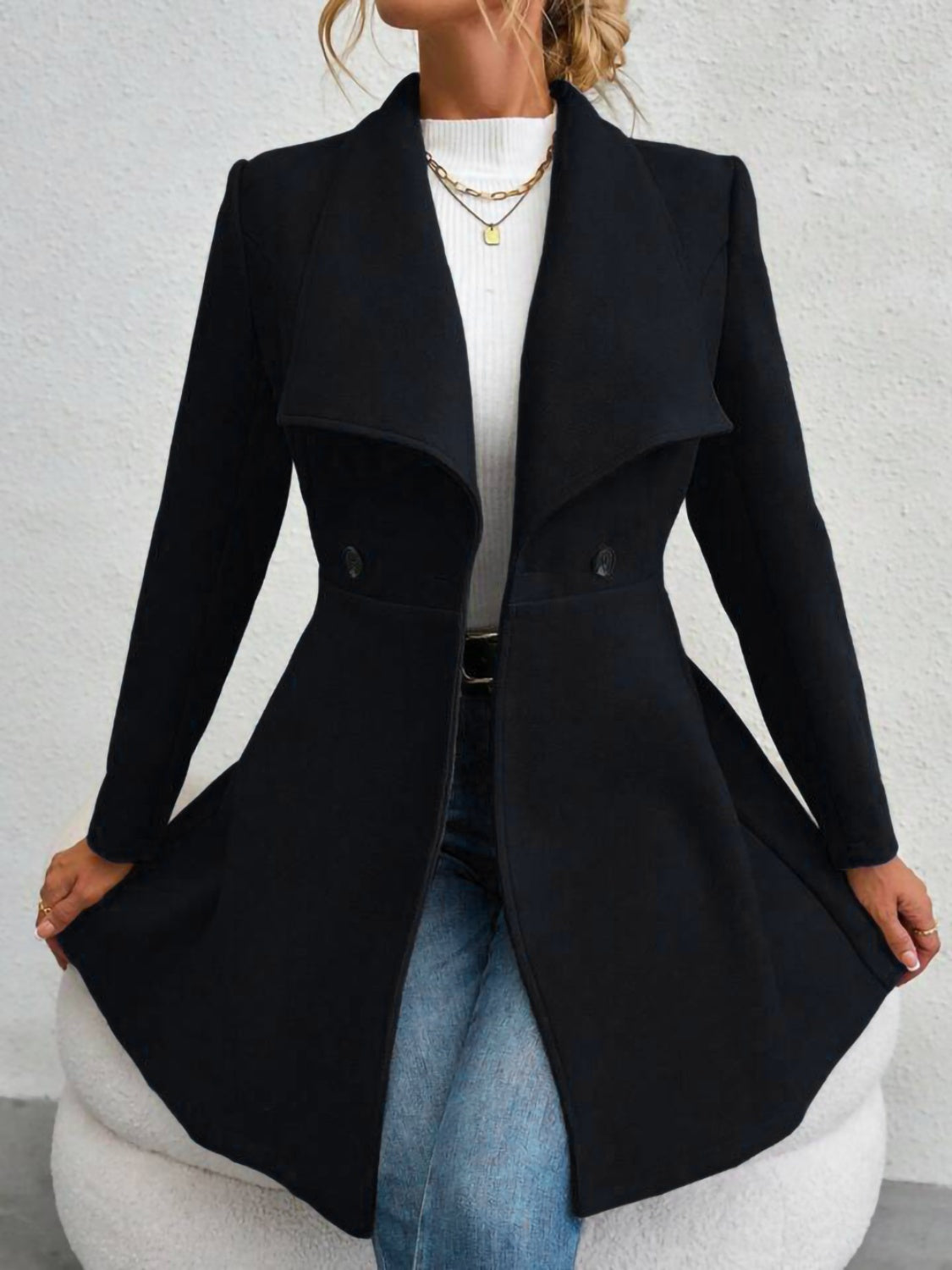 Collared Neck Button Up Long Sleeve Coat - Charming Charlie
