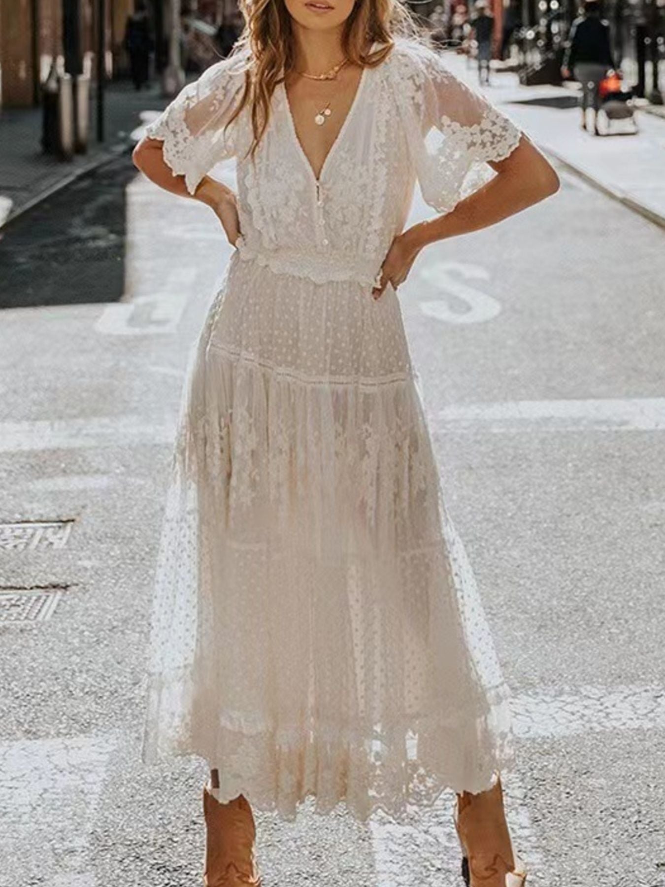 Full Size Lace Bohemian Short Sleeve Maxi Dress Plus Size – Charming Charlie
