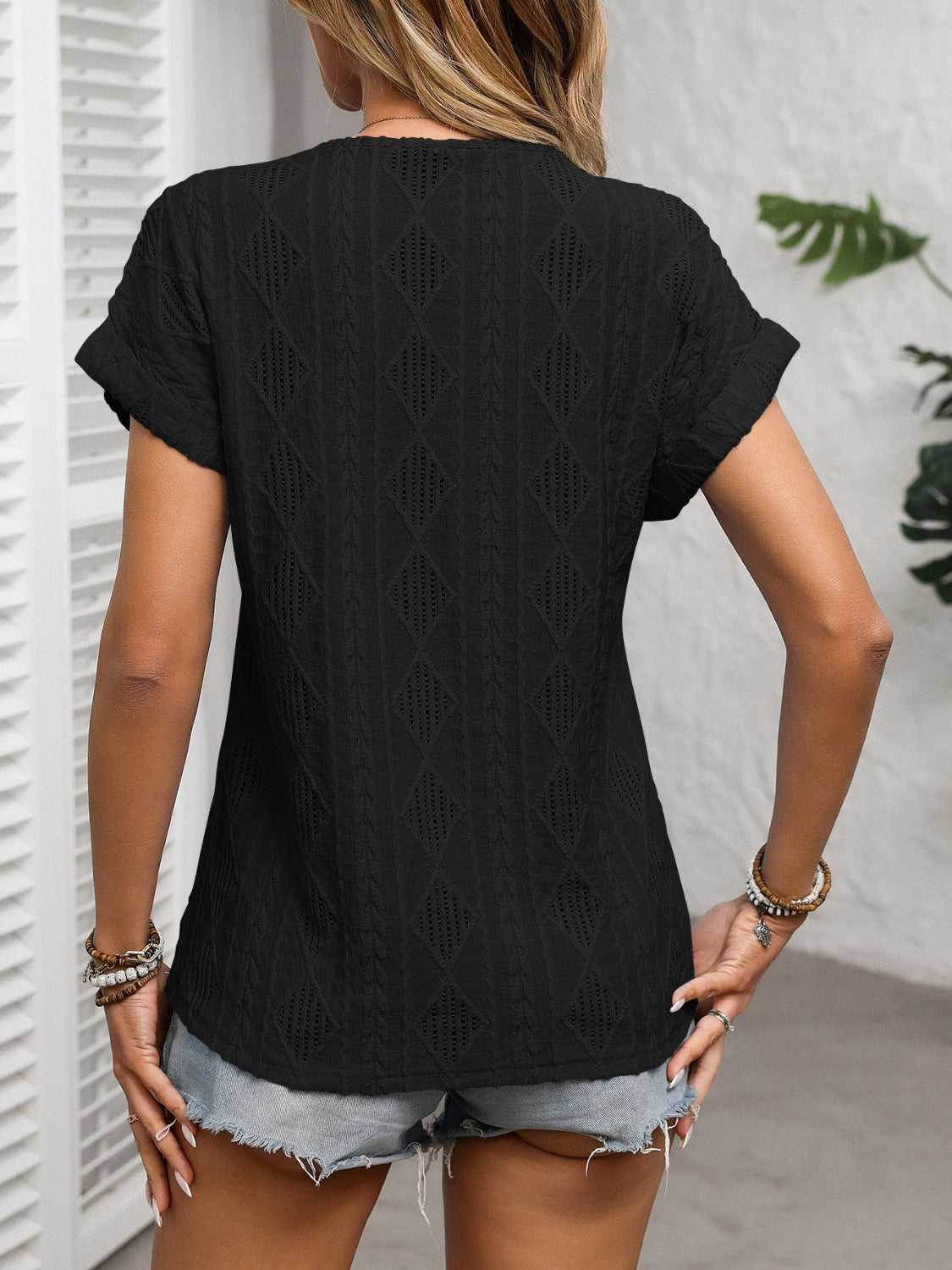 Openwork V-Neck Short Sleeve T-Shirt - Charming Charlie