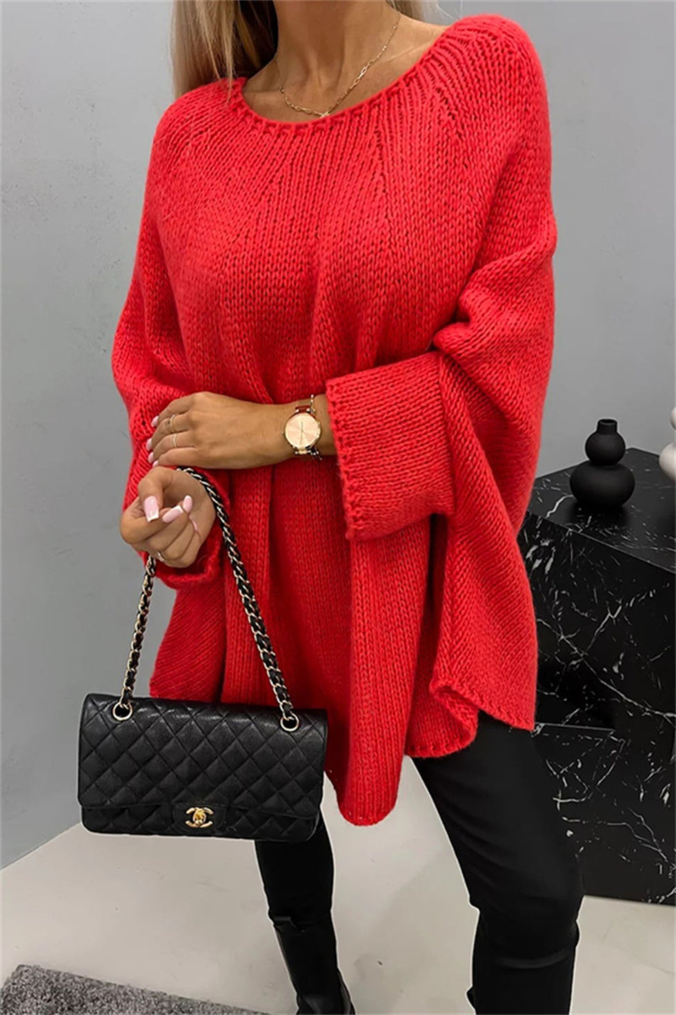 Wool-Blend Lace Panel Batwing-Sleeve Sweater