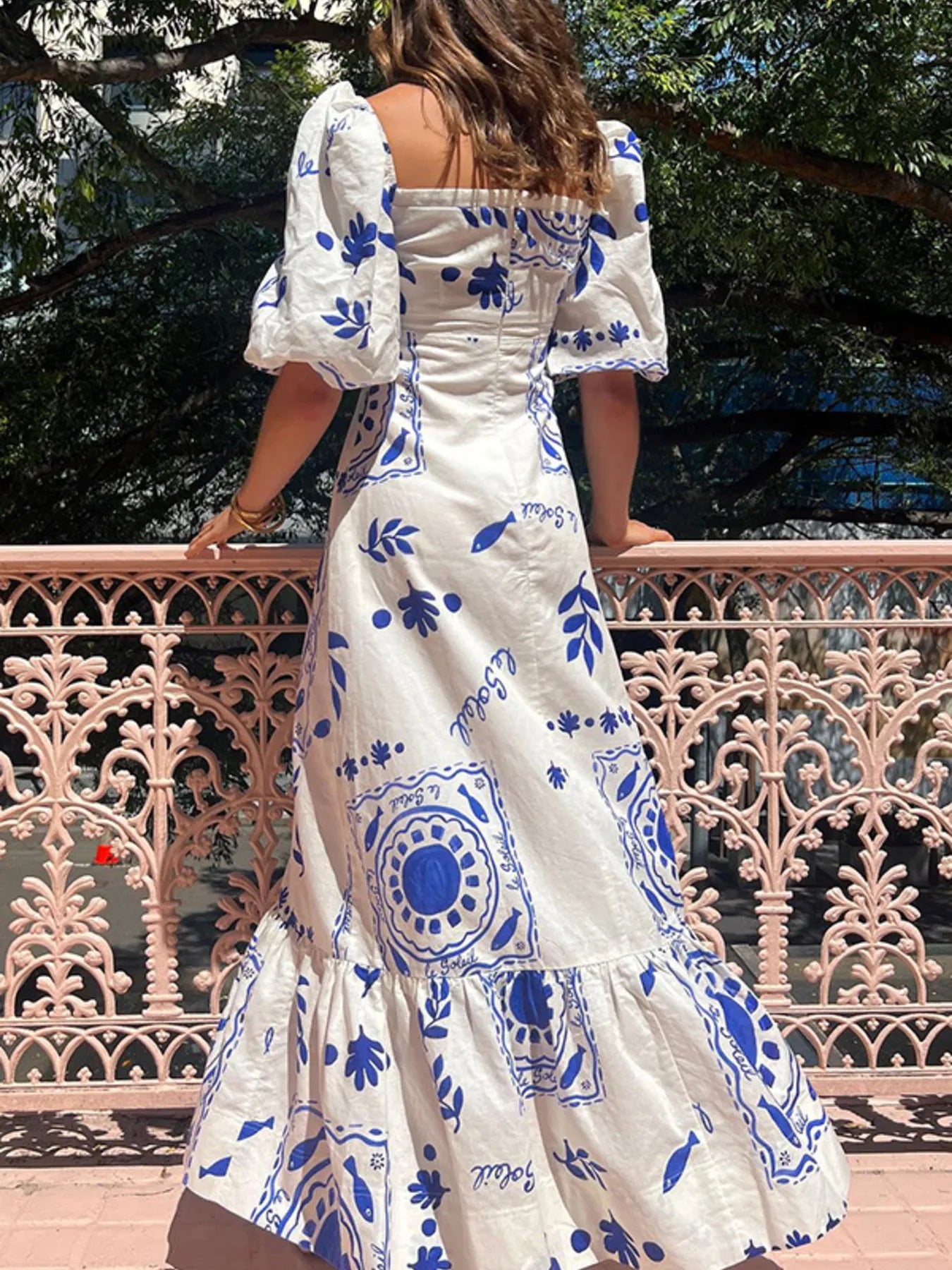 Floral Square Neck Puff Sleeve Maxi Dress with Ruffle Hem Blue / L Floral Square Neck Puff Sleeve Maxi Dress with Ruffle Hem Blue / L
