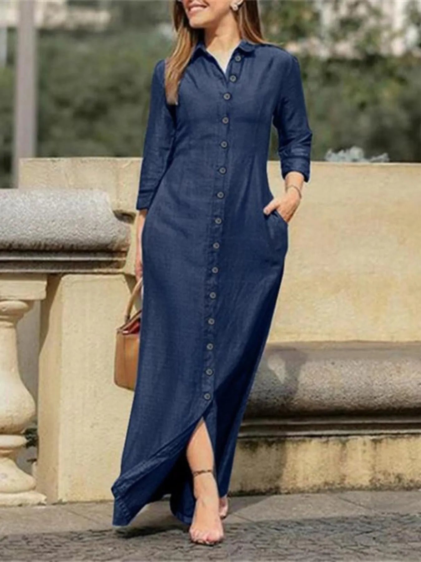 Full Size Button-Down Maxi Denim Dress Plus Size Black / 5XL