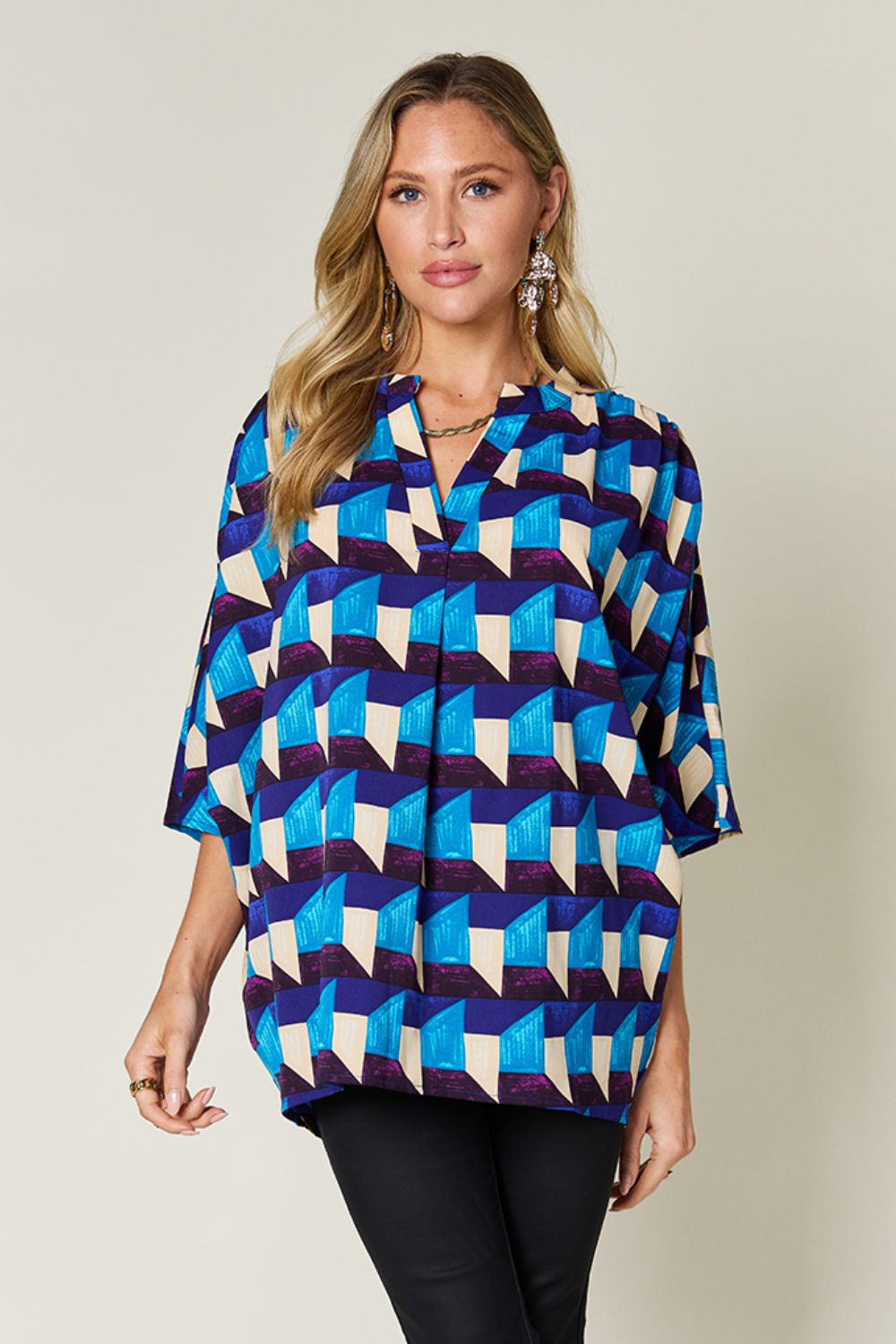 Double Take Full Size Geometric Notched Half Sleeve Blouse - Charming Charlie