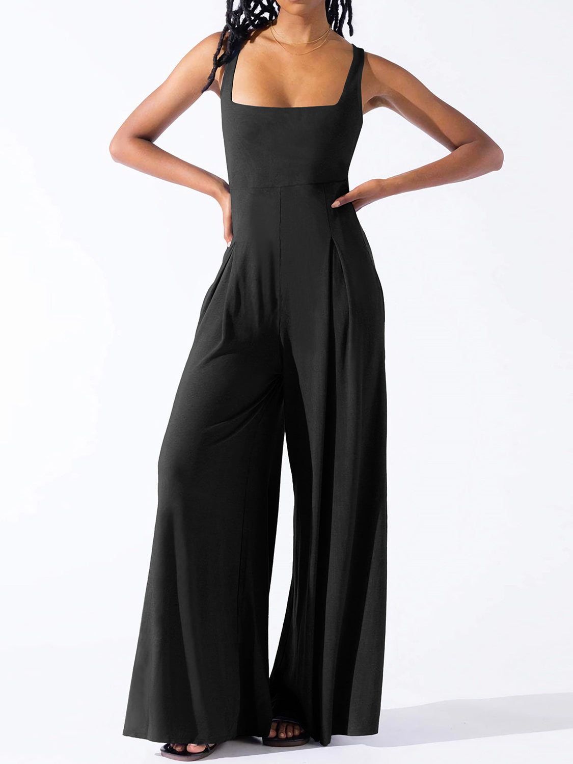 Square Neck Wide Strap Jumpsuit - Charming Charlie