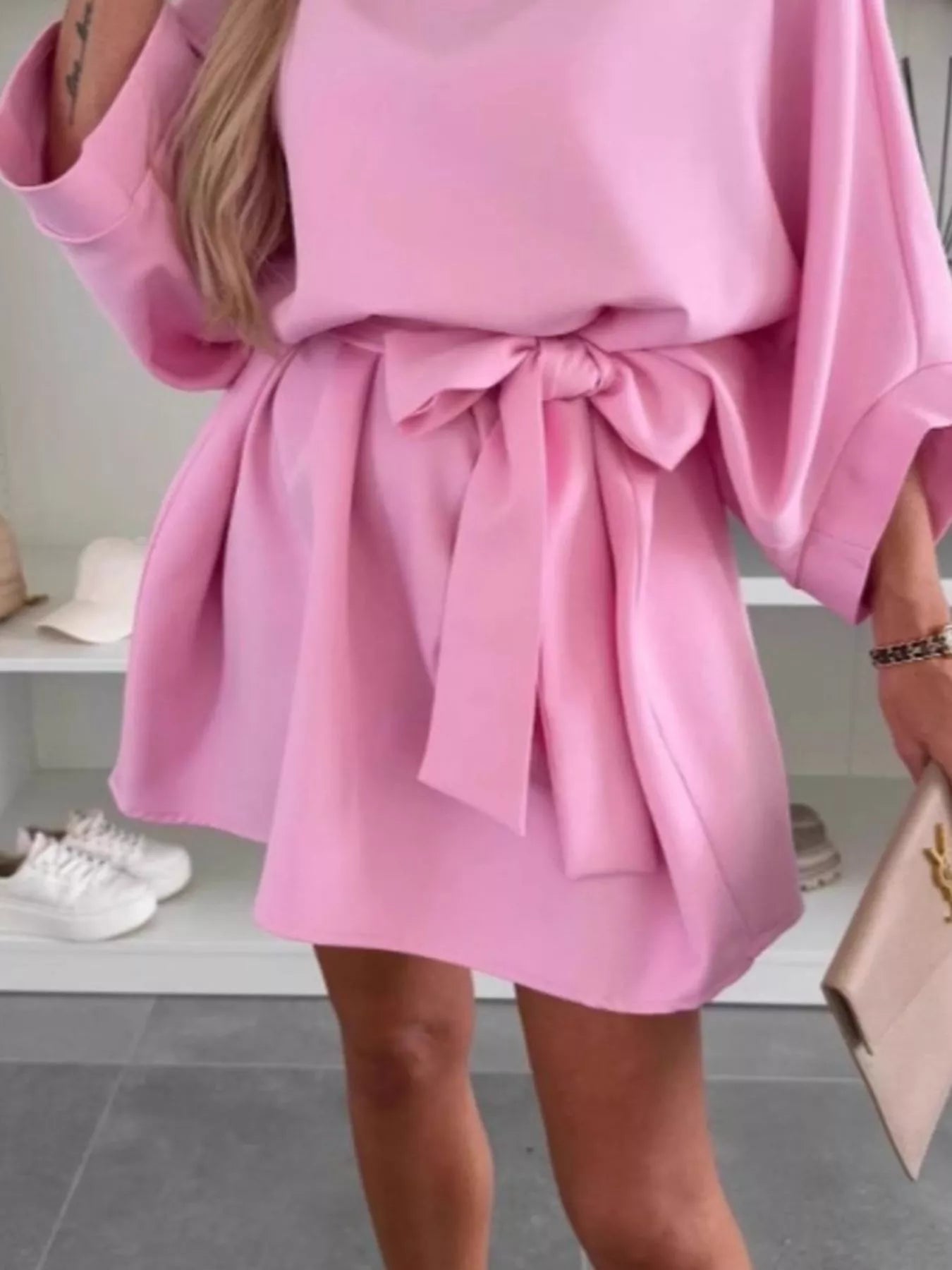 Batwing Sleeve Tie Waist Mini Dress Pink / S