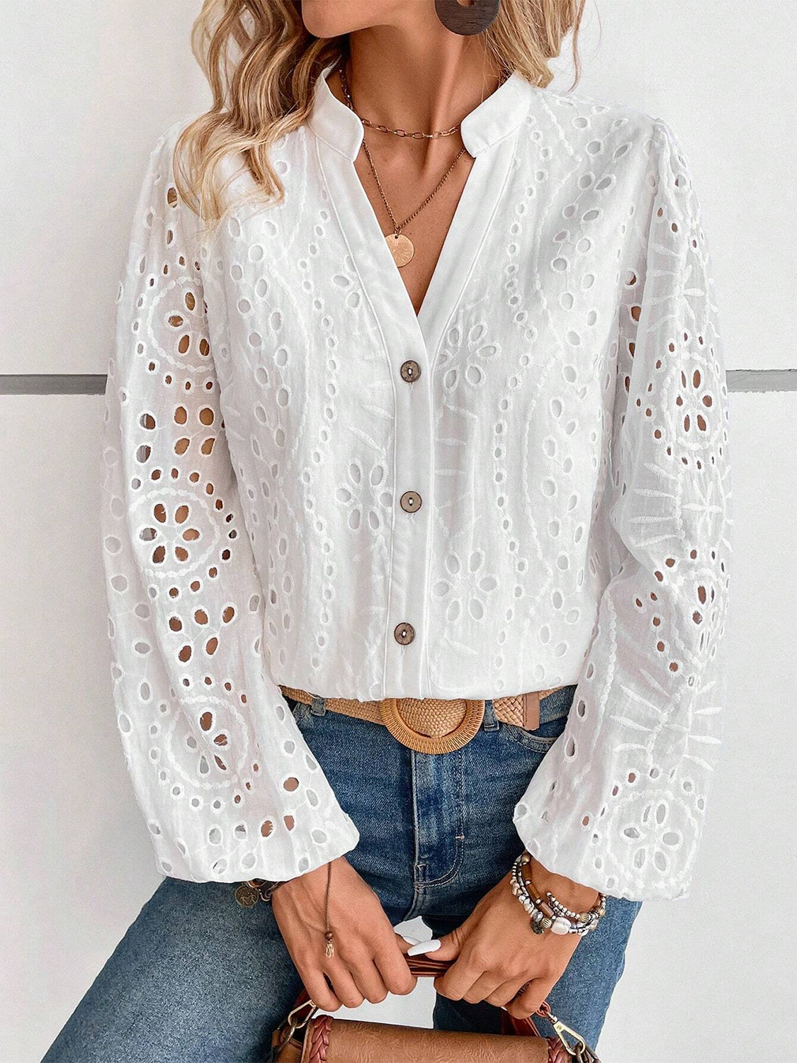 Cutout Notched Long Sleeve Blouse - Charming Charlie