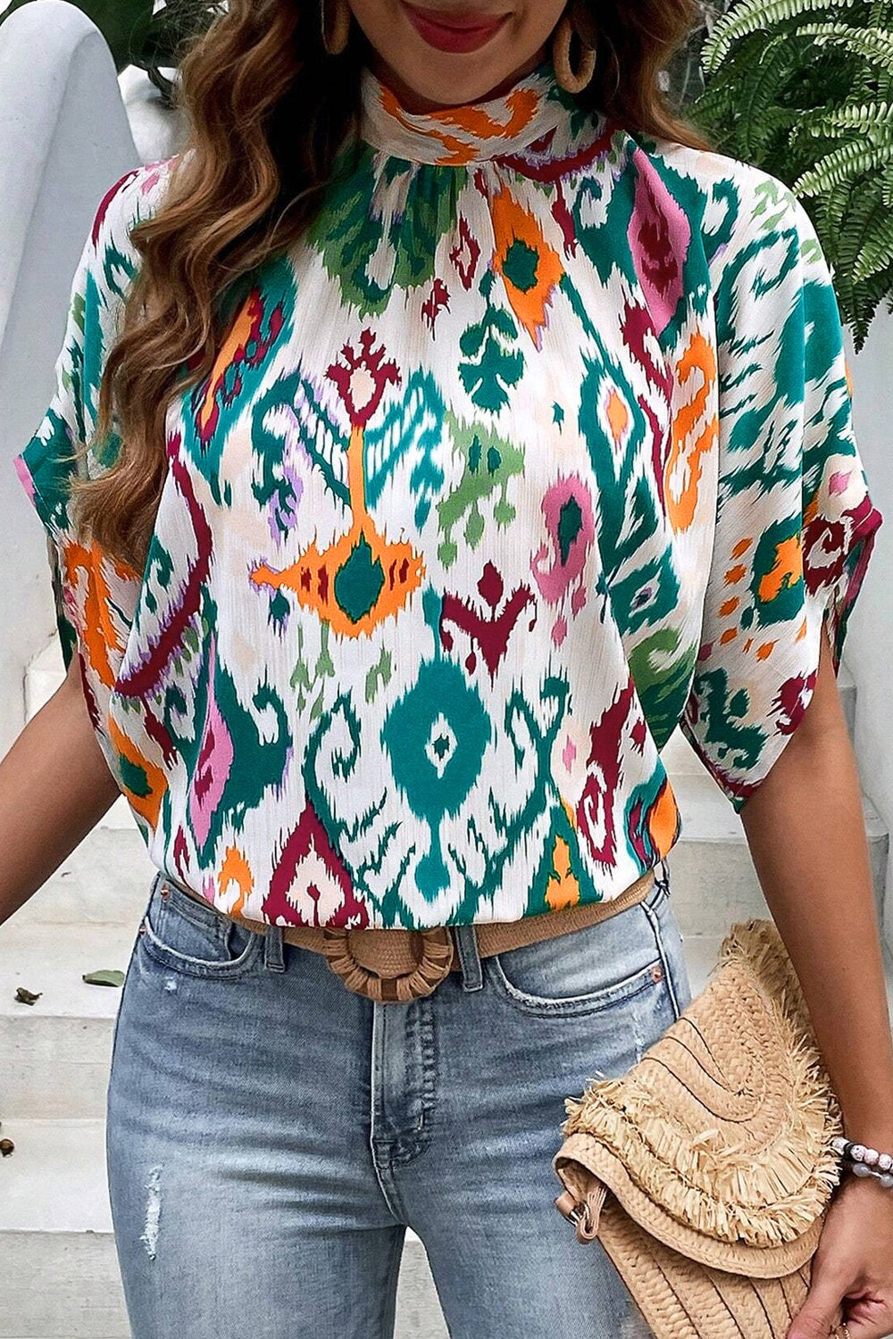 Printed Mock Neck Half Sleeve Blouse - Charming Charlie