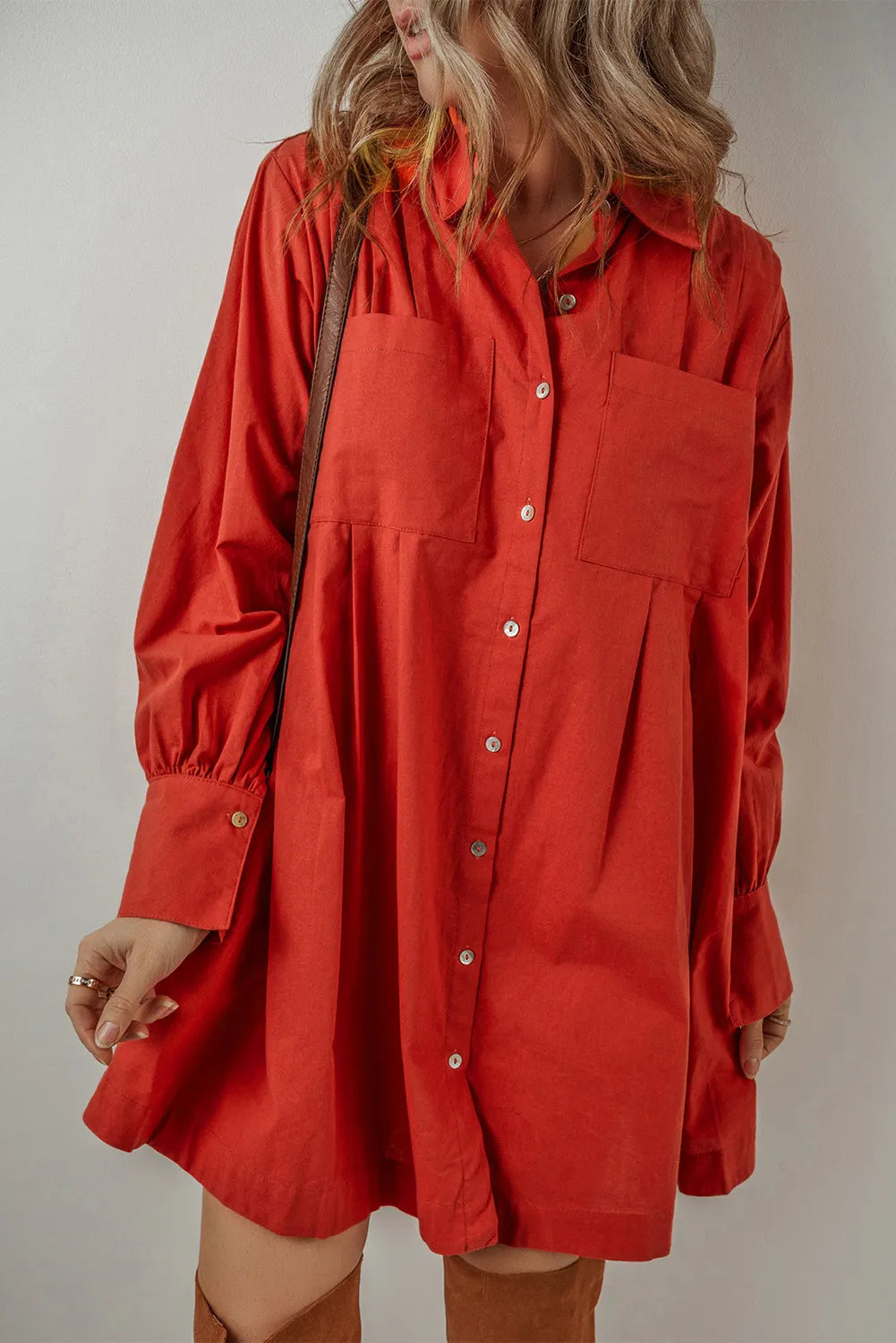 Pocketed Button Down Long Sleeve Shirt Dress Red / XL Pocketed Button Down Long Sleeve Shirt Dress Red / XL