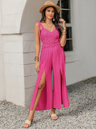 V-Neck Wide Strap Slit Jumpsuit - Charming Charlie