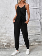 Scoop Neck Tie Waist Jumpsuit - Charming Charlie