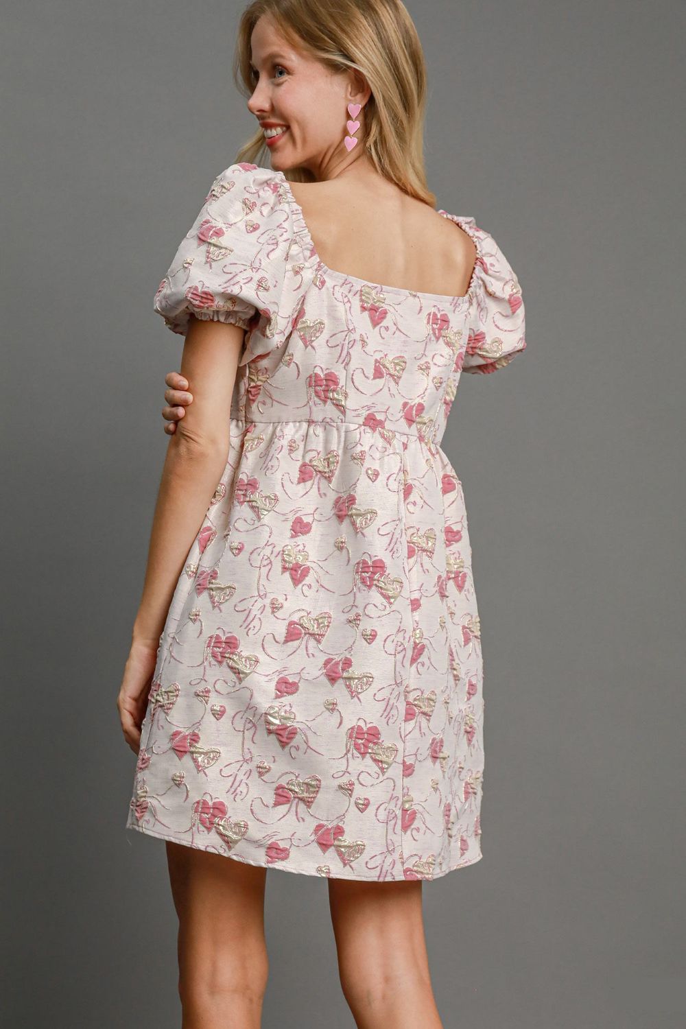 Umgee Heart Jacquard Square Neck Puff Sleeve Mini Dress - Pink / M Umgee Heart Jacquard Square Neck Puff Sleeve Mini Dress - Pink / M