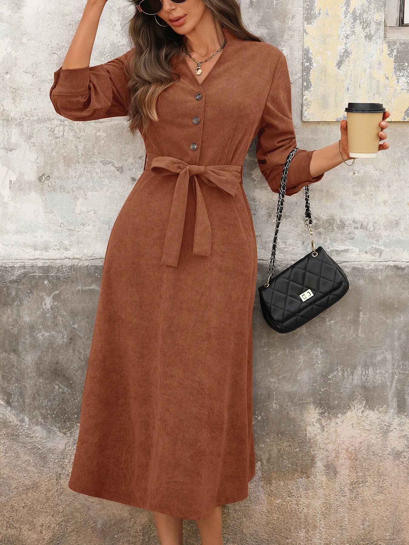 brown belted midi dress Miss Circle Women's Fiera Mahogany Plunging Halter Belted Midi Dress main image 1