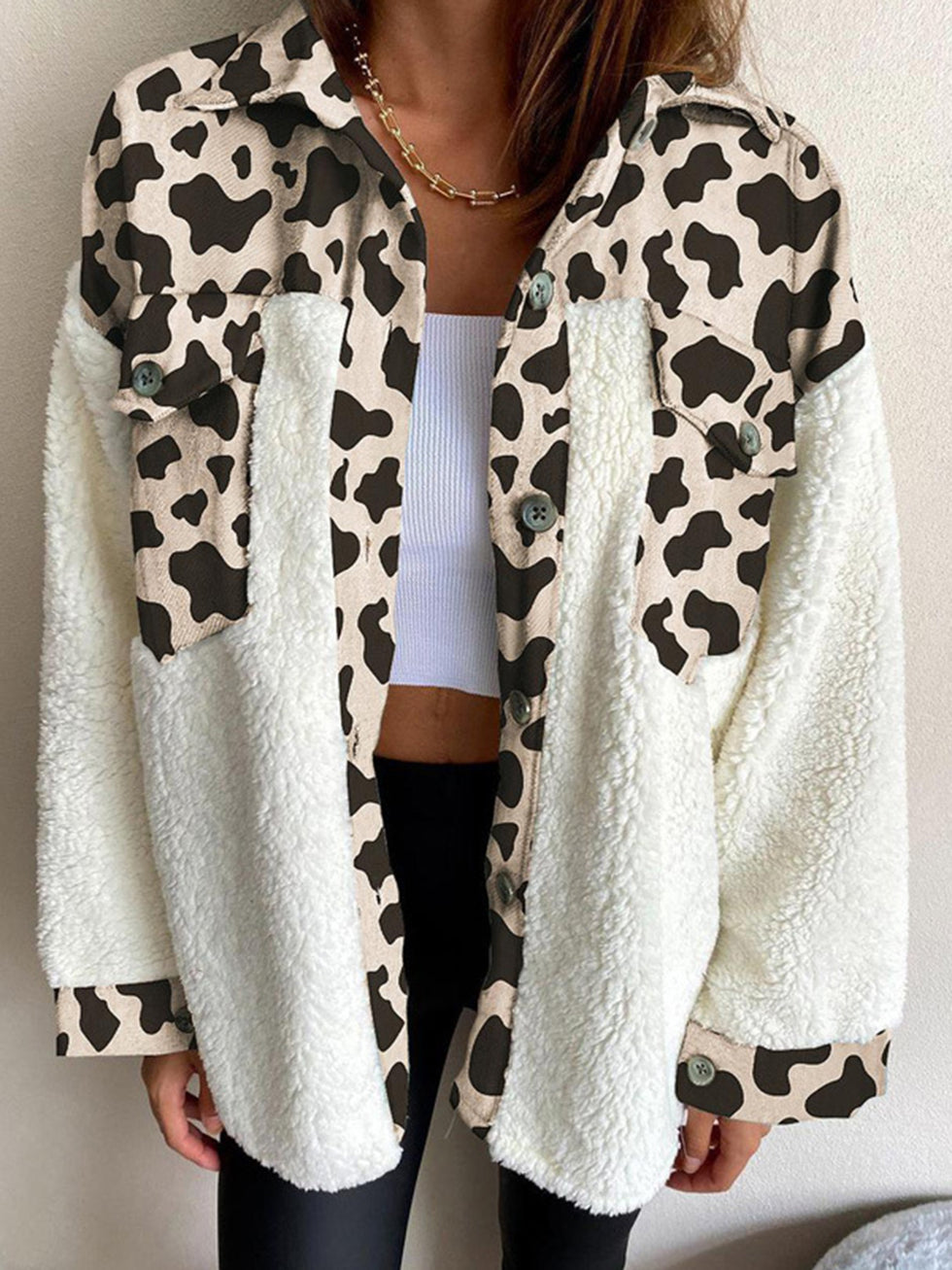 Full Size Fuzzy Button Up Drop Shoulder Jacket main image 1