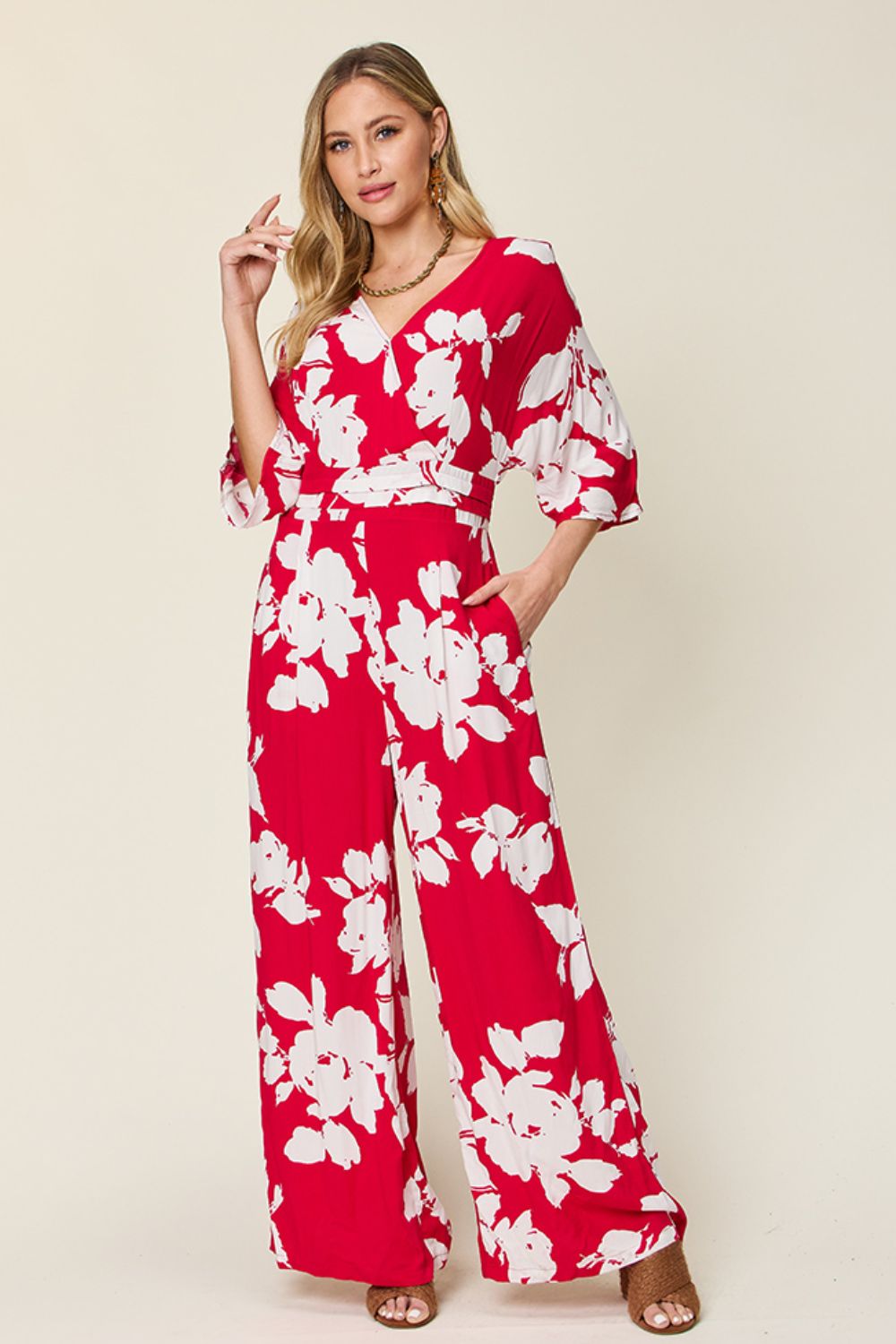 Double Take Full Size Printed Tie Back Wide Leg Jumpsuit - Charming Charlie
