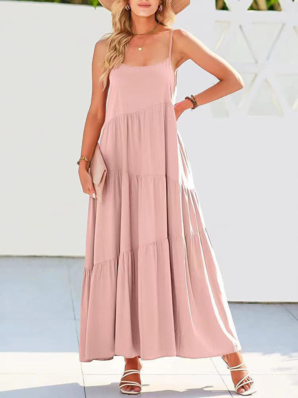 Spaghetti Straps Ruched Tiered Dress With Slit Rust main image 1