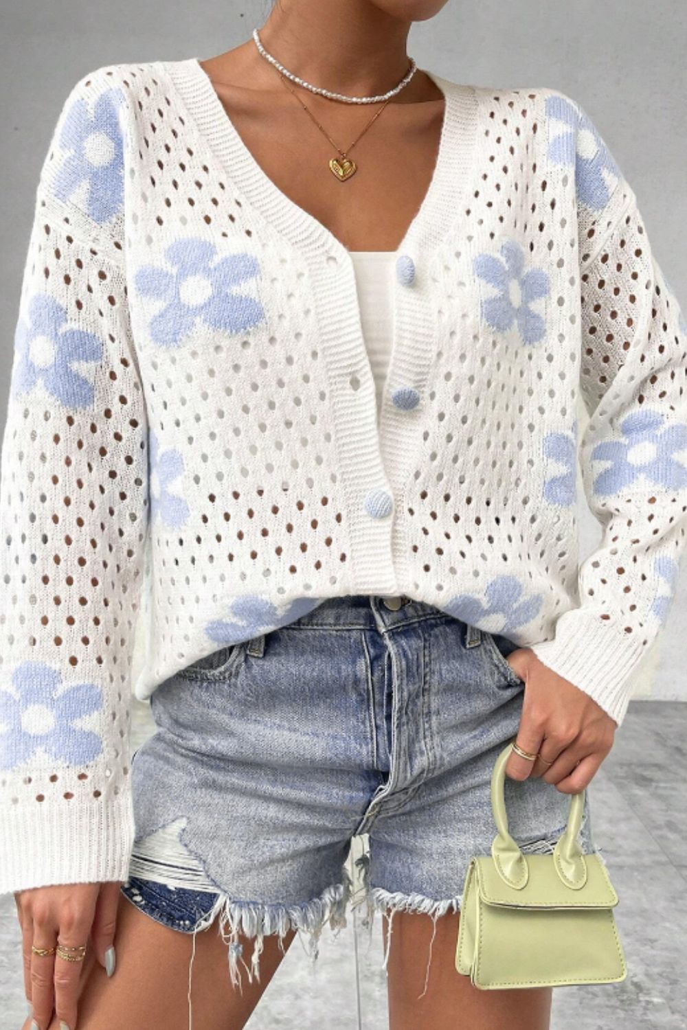Flower Hollowed Out Button Down Long Sleeve Cardigan - Charming Charlie