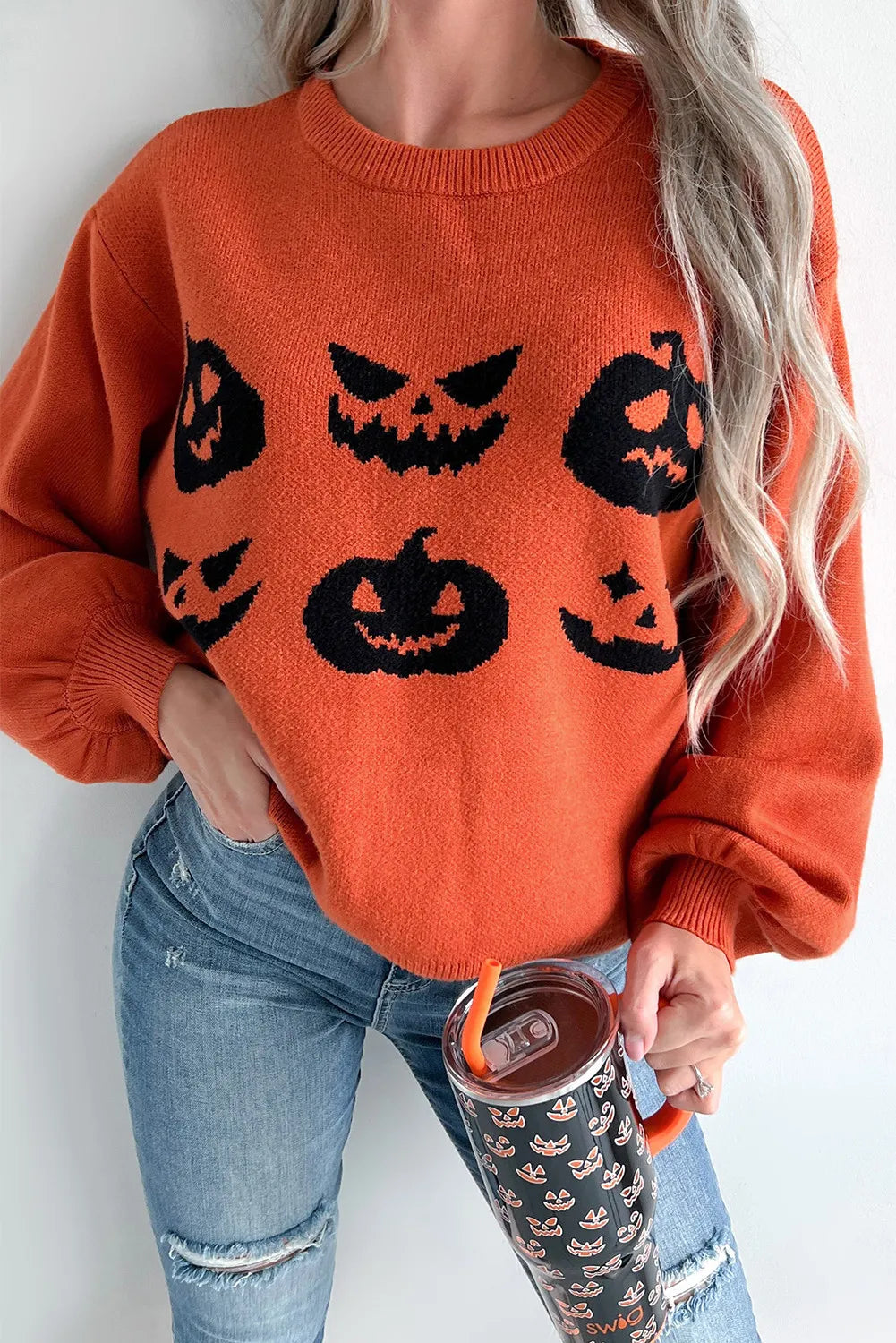 Pumpkin Pattern Round Neck Sweater - Charming Charlie