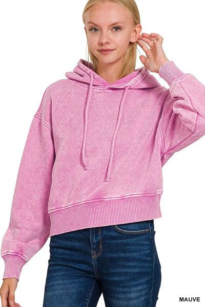 Zenana Acid Wash Fleece Drawstring Cropped Hoodie – Charming Charlie