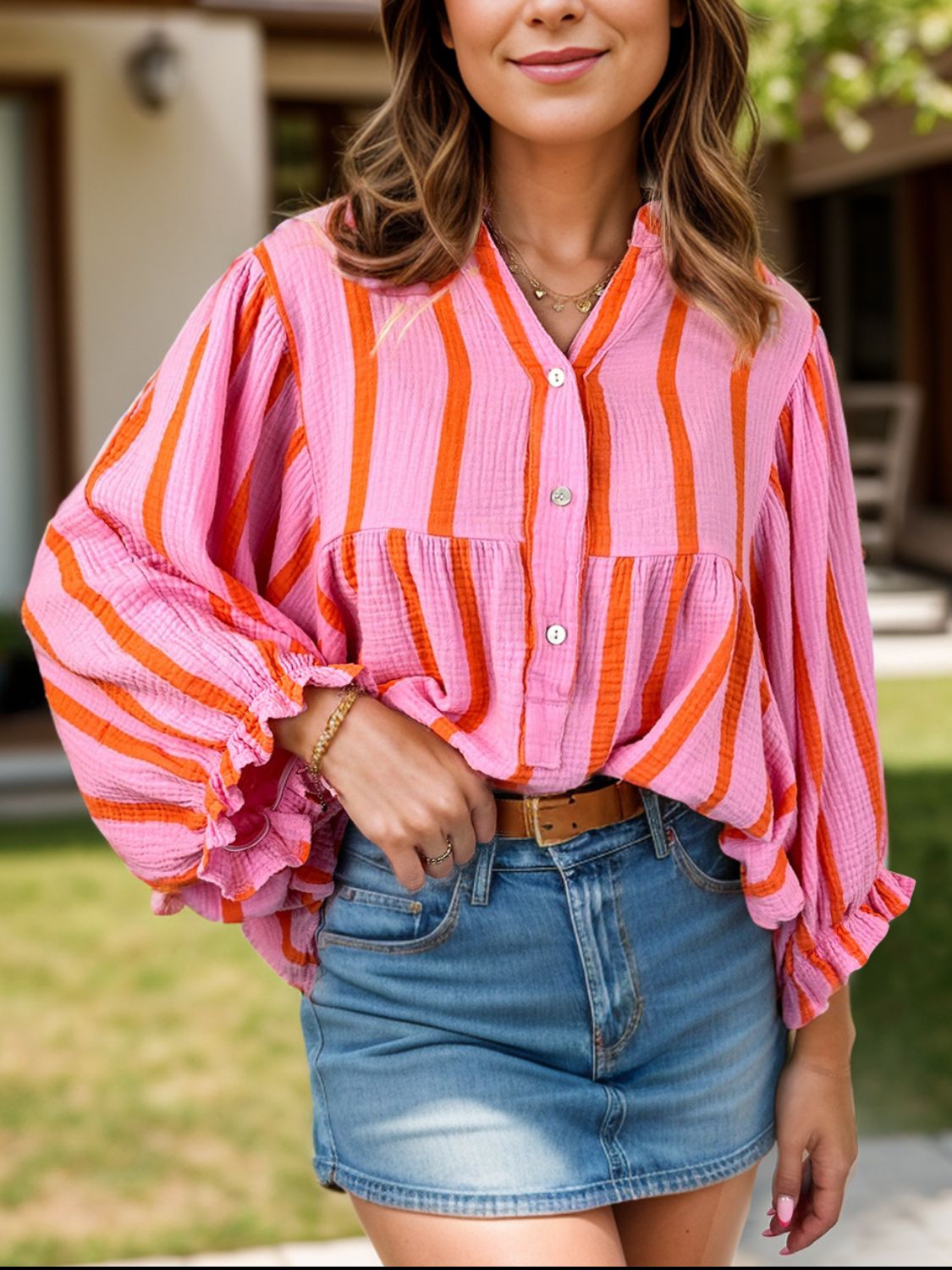 Striped Notched Long Sleeve Blouse - Charming Charlie