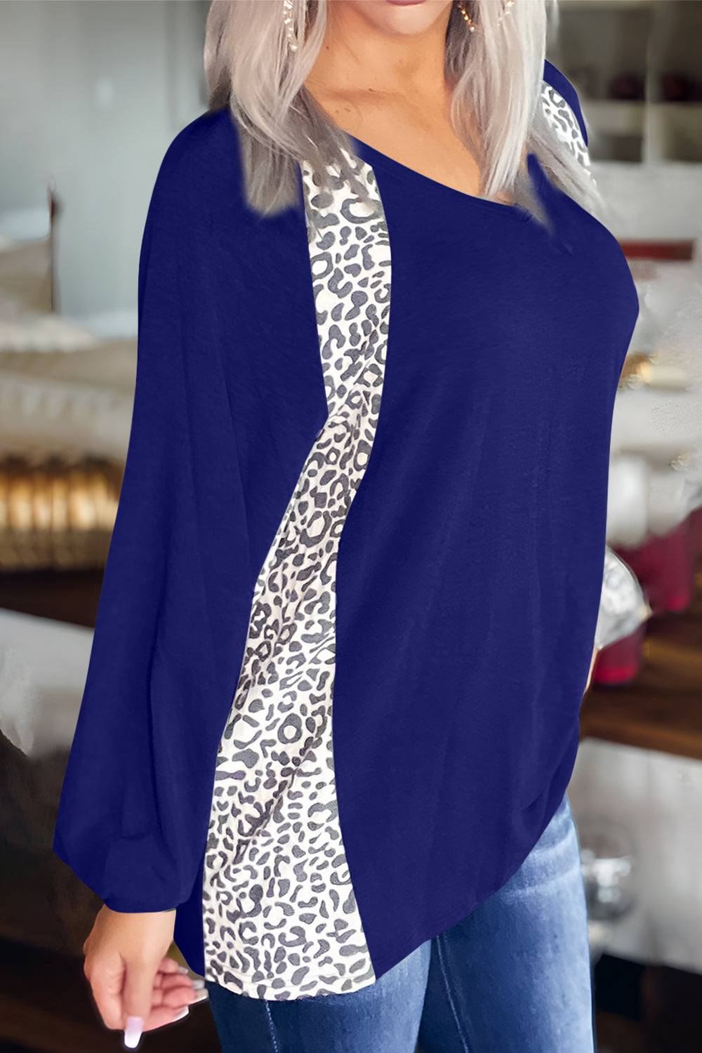 Full Size Leopard V-Neck Long Sleeve T-Shirt - Charming Charlie