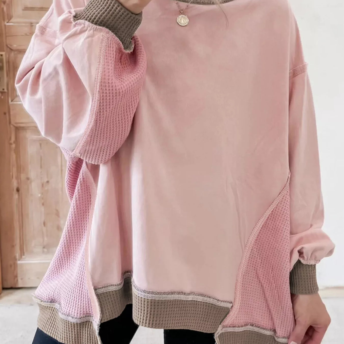 Color Block Mix Texture Waffle Patchwork Oversize Sweatshirt – Charming ...