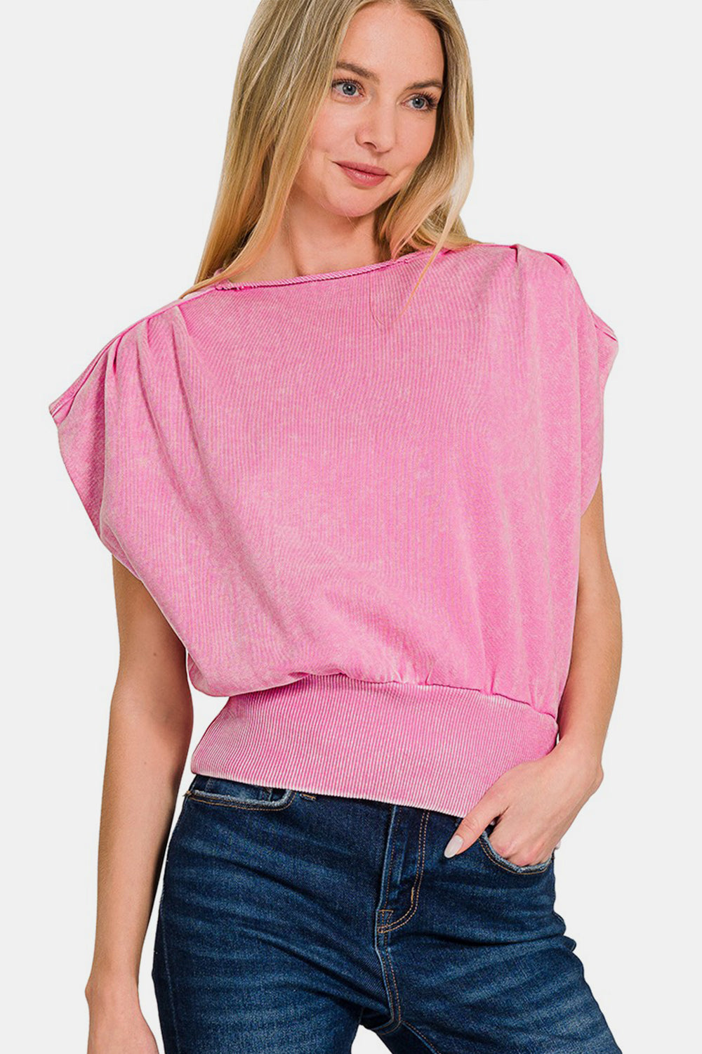 Zenana Washed Boat Neck Bottom Banded Dolman Sleeve Top - Charming Charlie