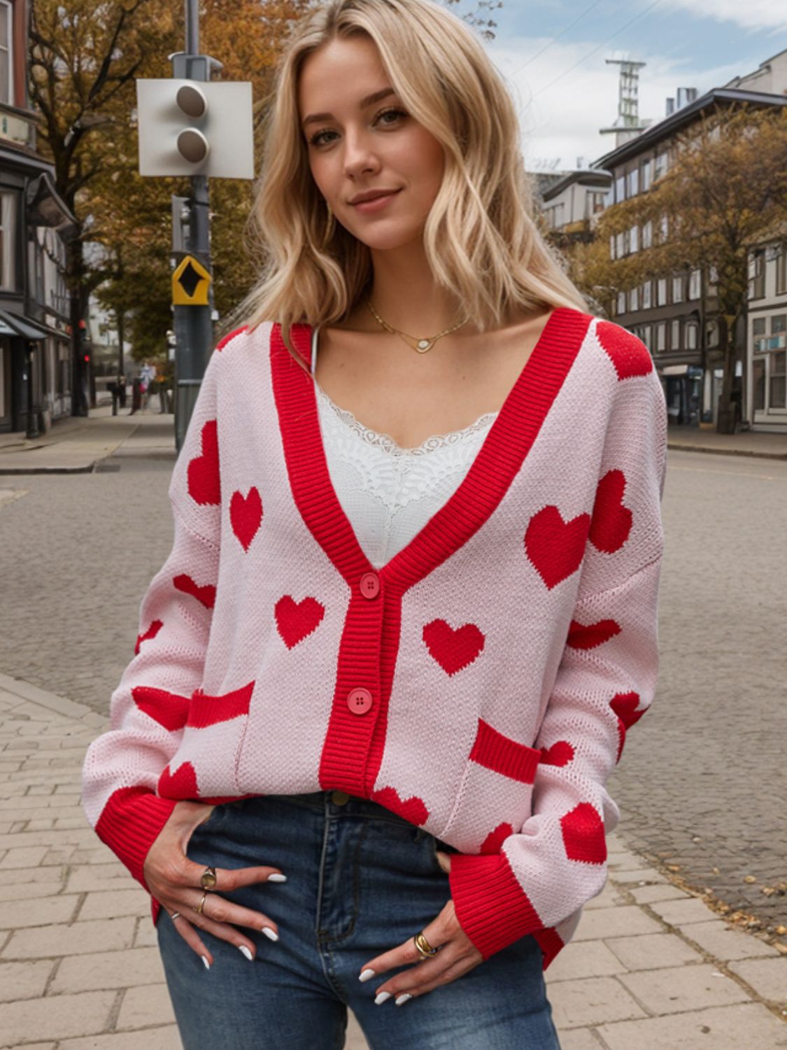 Heart Button Up Dropped Shoulder Long Sleeve Cardigan – Charming