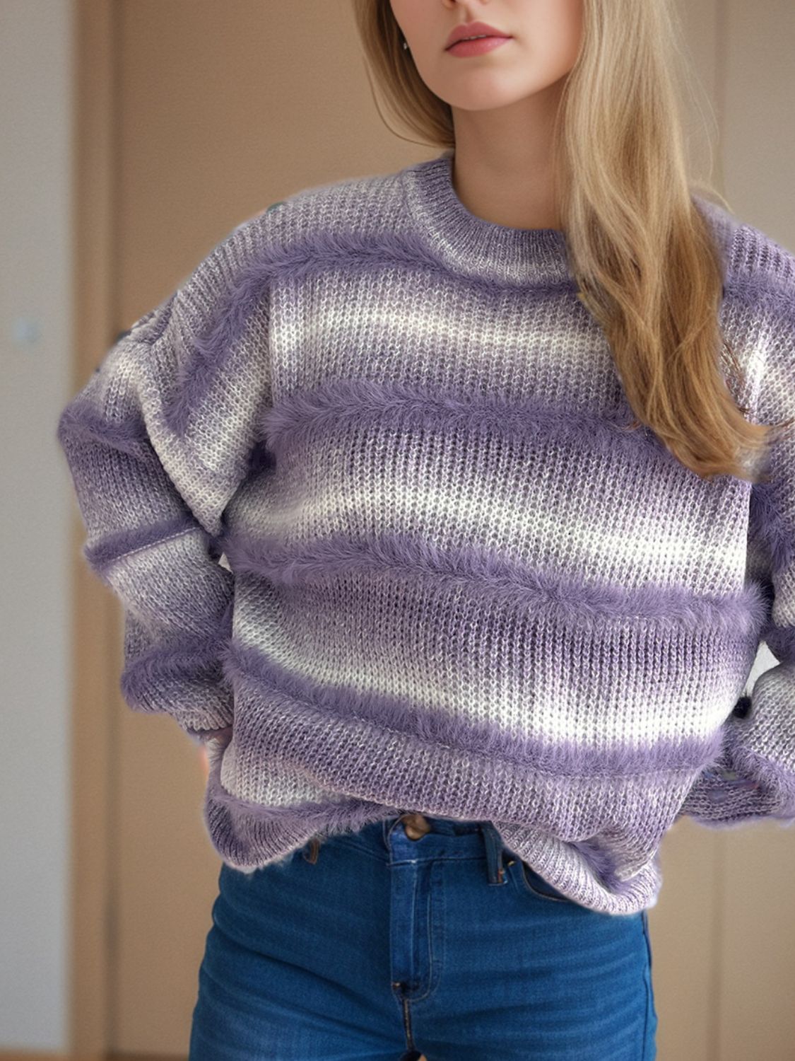 Gradient Round Neck Dropped Shoulder Sweater - Charming Charlie
