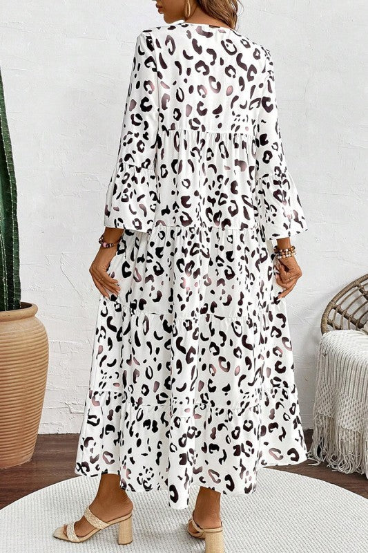 loose leopard v neck maxi dress Leopard Print Notch V Neck Loose Fit Maxi Dress