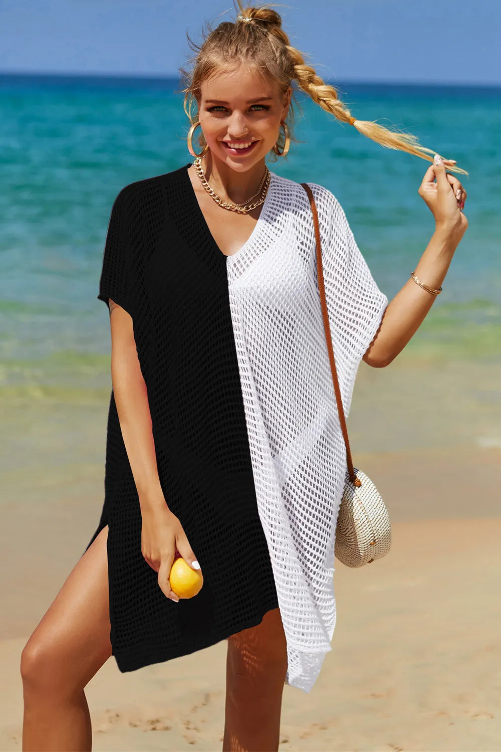 Angel Wings Openwork Flower V-Neck Short Sleeve Cover Up