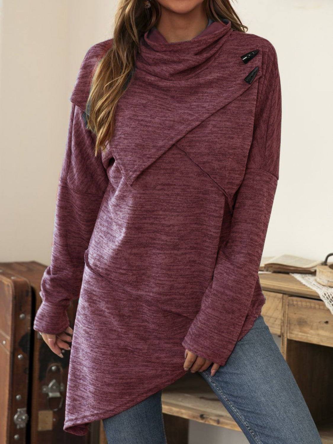 Asymmetrical Hem Cowl Neck Long Sleeve T-Shirt - Charming Charlie