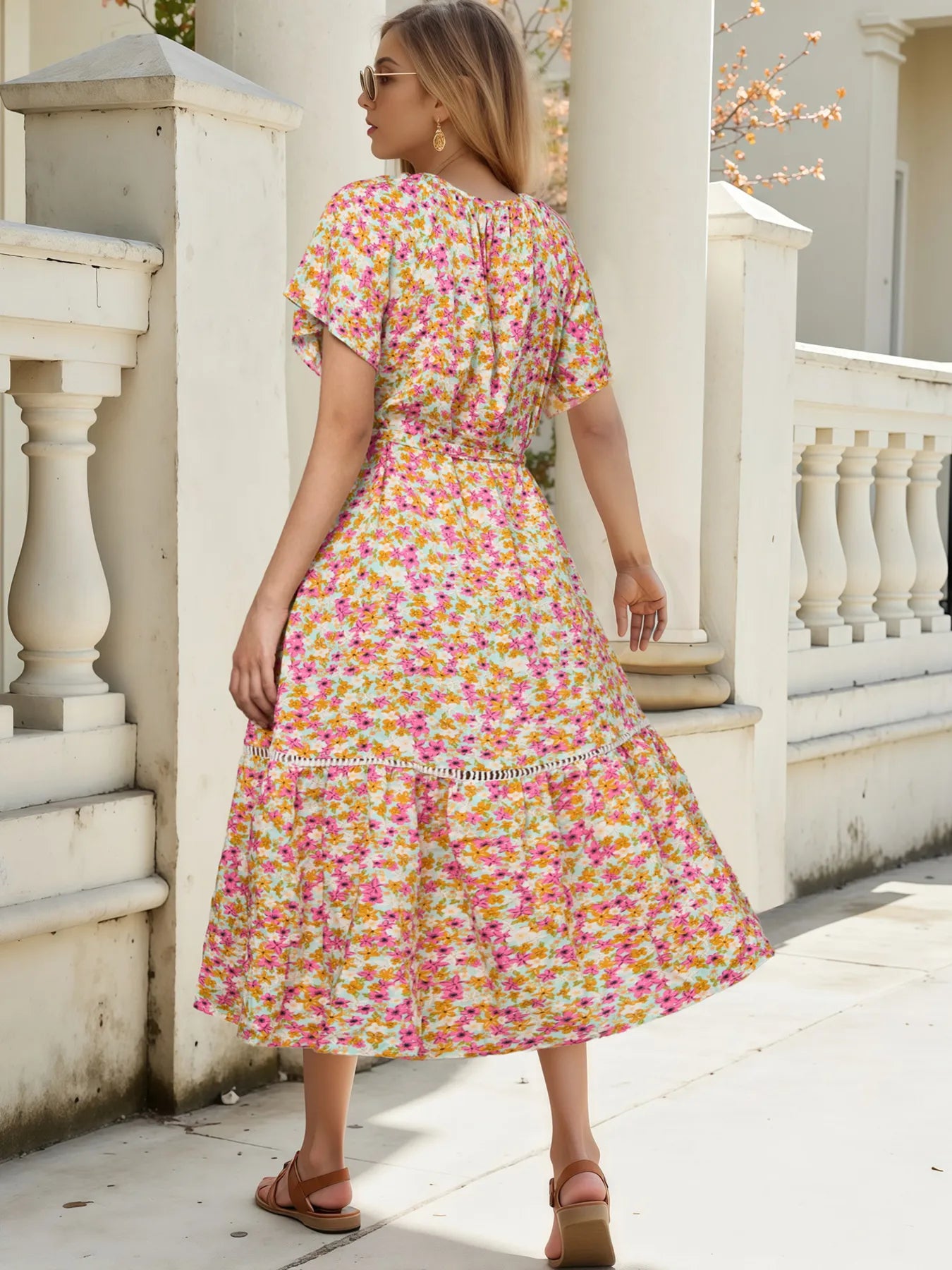 floral print ruffle hem midi dress Floral Print Ruffle Hem Midi Dress Red / S