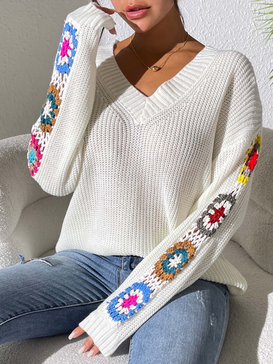 Crochet Flower V-Neck Sweater – Charming Charlie