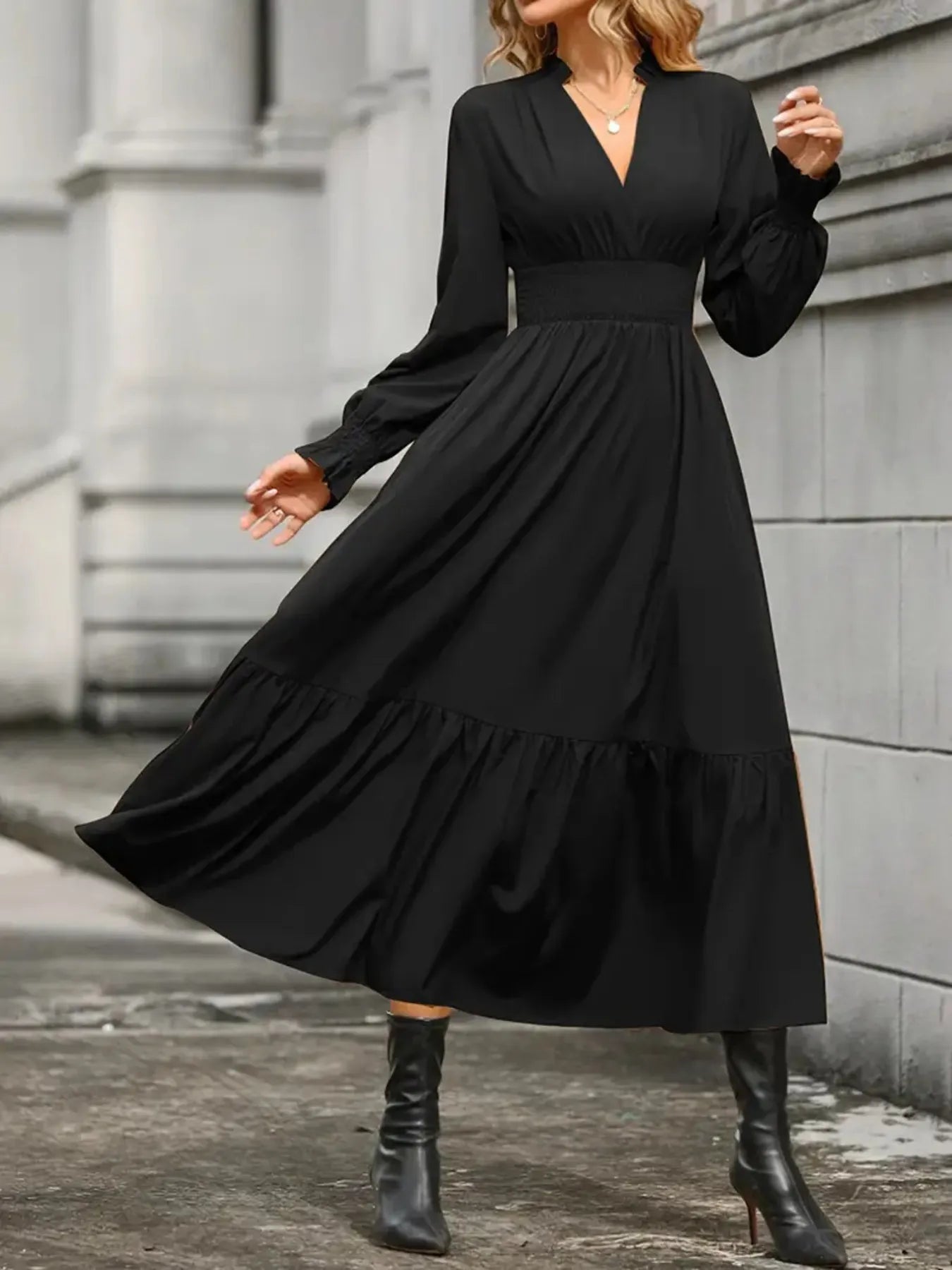 Notched Long Sleeve Tiered Dress  Charming Charlie