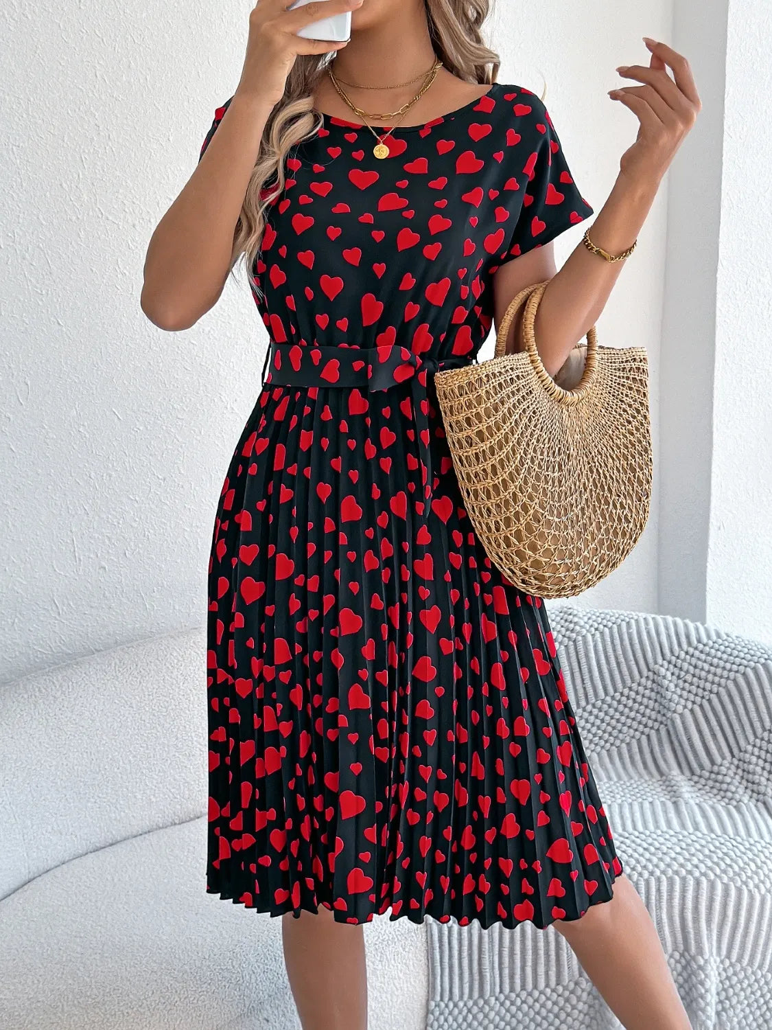heart print mini dress Heart Print Short Sleeve Tie Waist Dress Deep Red / L