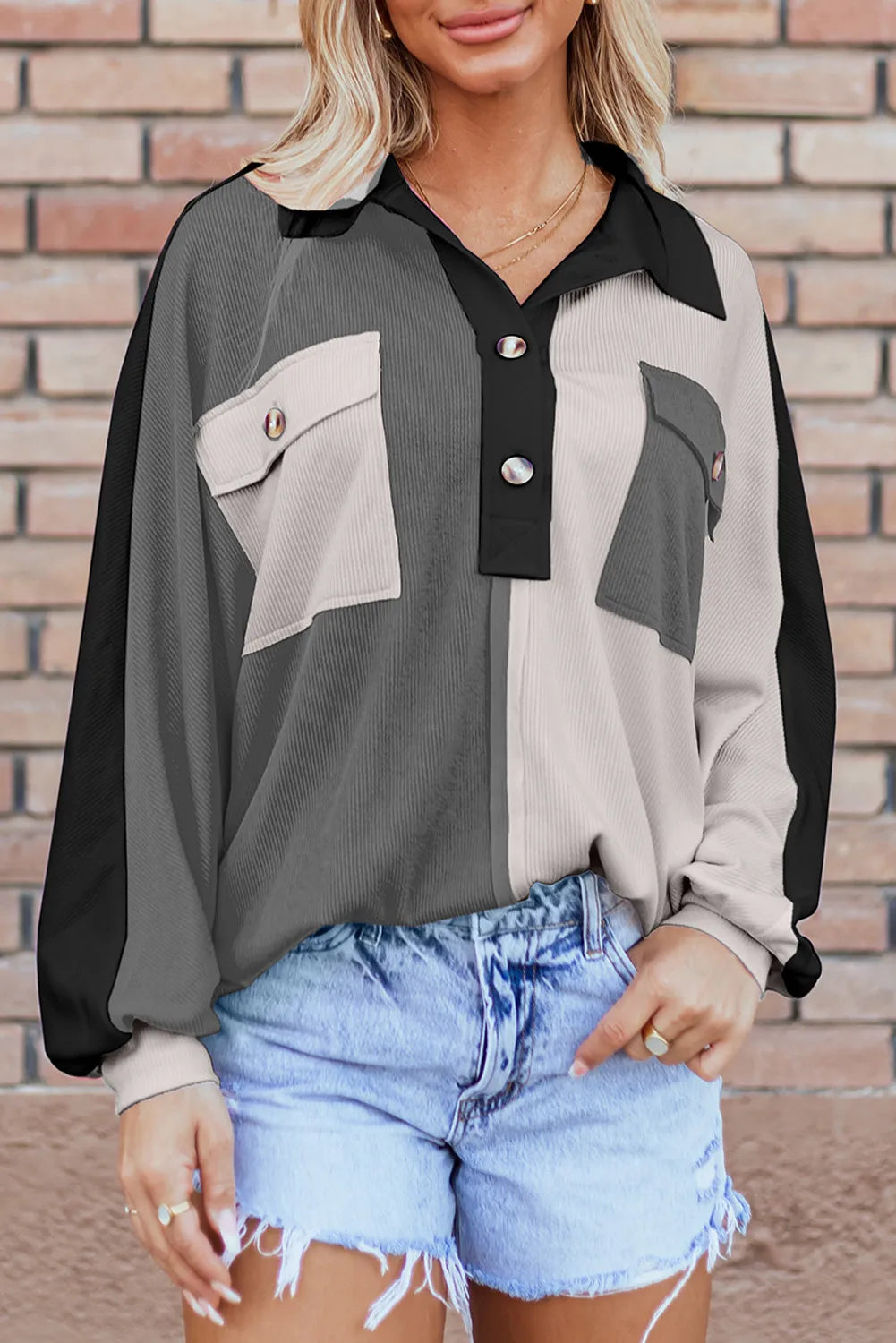 Pocketed Contrast Long Sleeve Sweatshirt - Charming Charlie