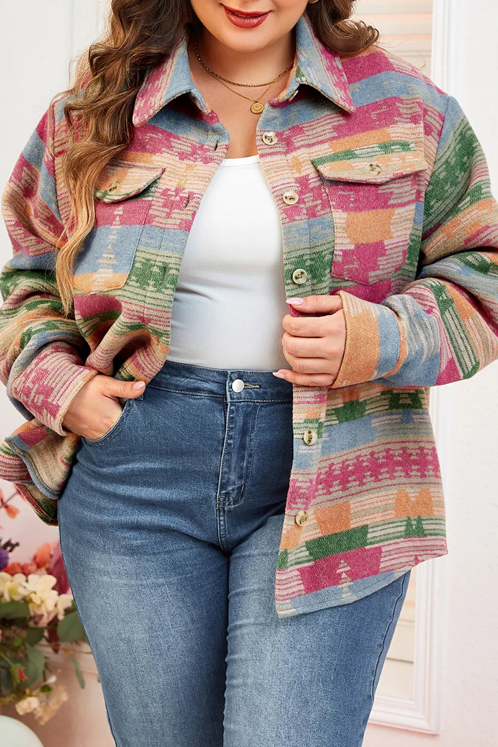 Plus Size Pocketed Printed Collared Neck Jacket - Charming Charlie