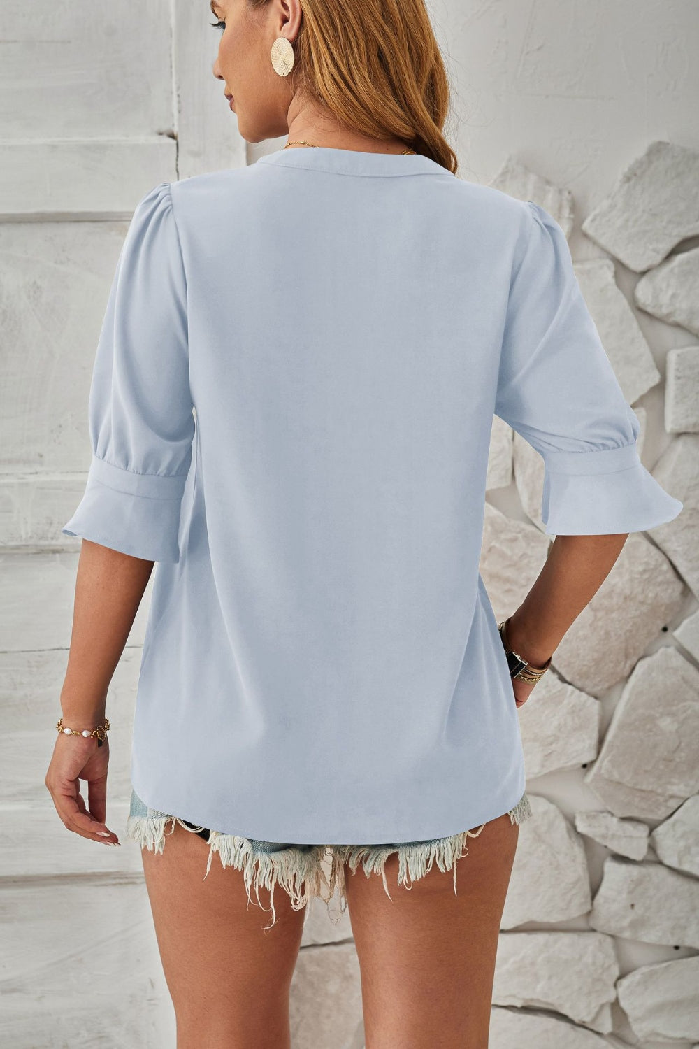 Notched Half Sleeve Blouse - Charming Charlie