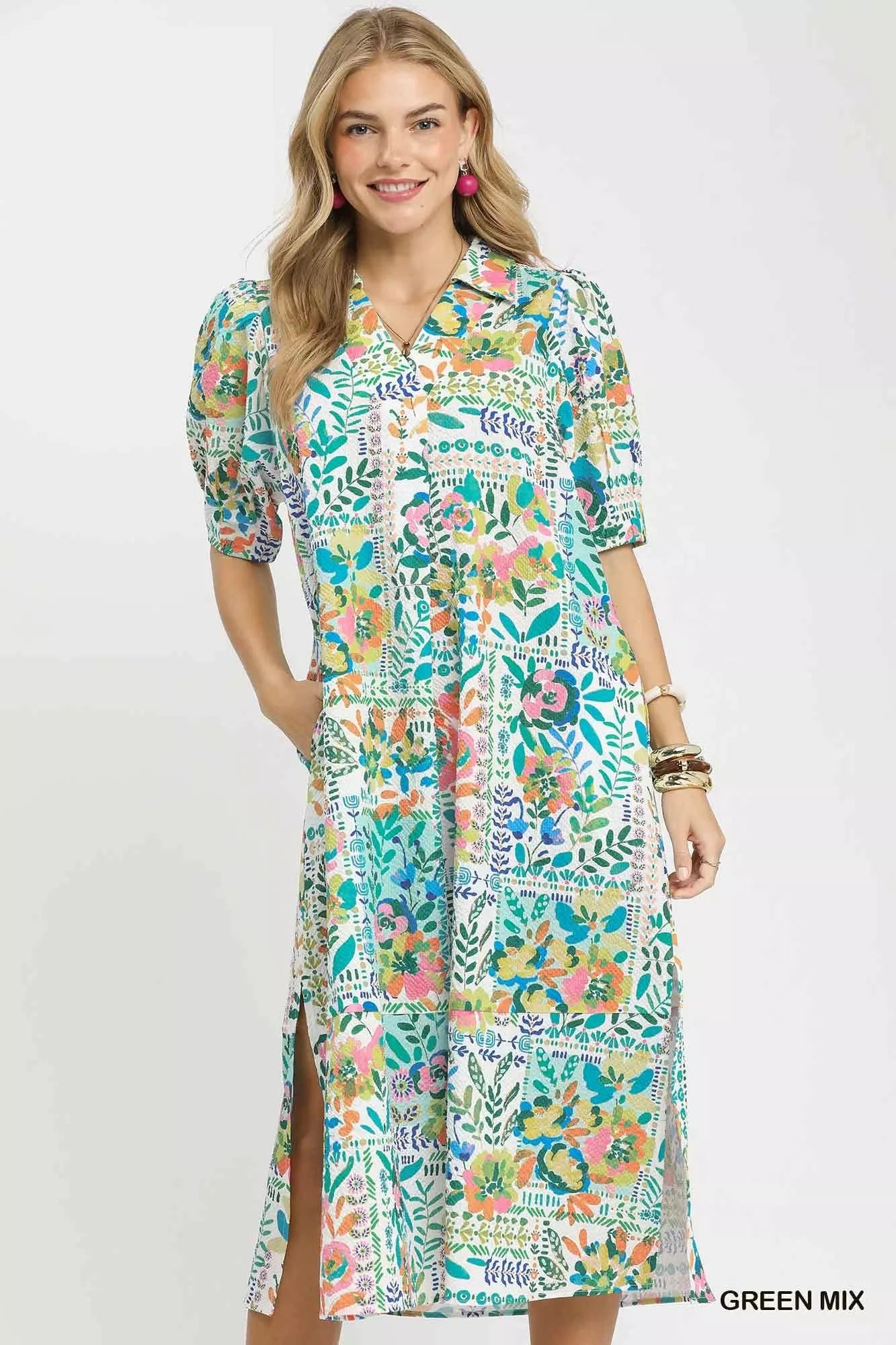 Umgee Folk Print Midi Dress with Side Pockets Umgee Folk Print Midi Dress with Side Pockets