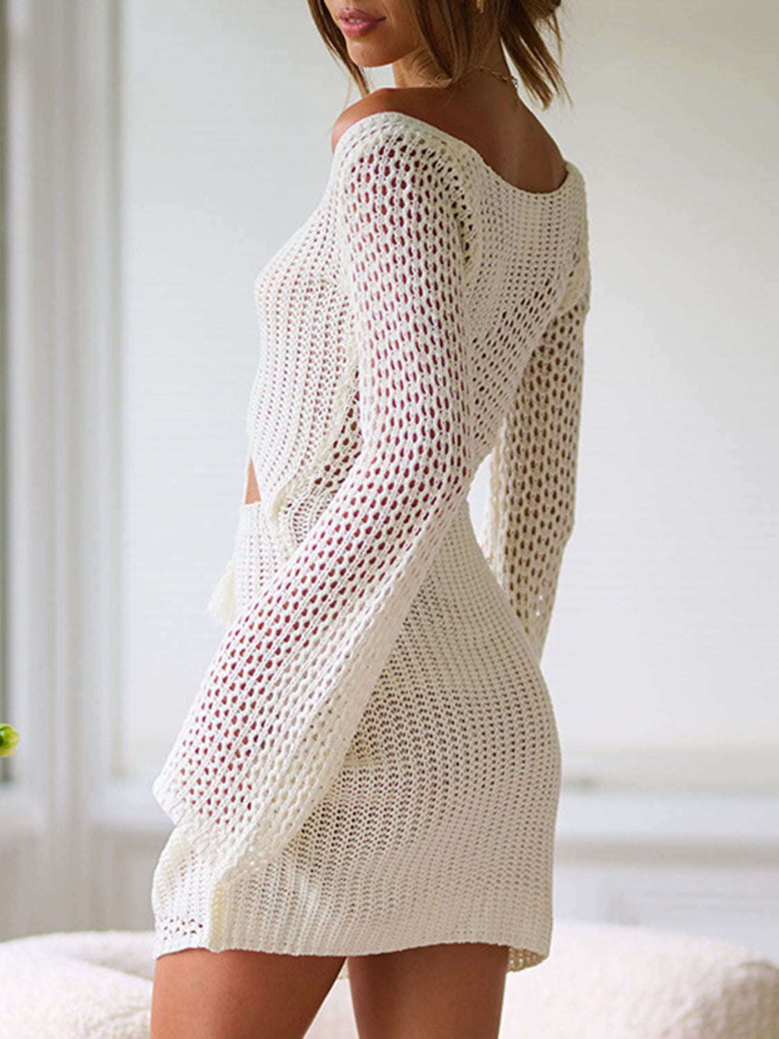 Fringe Cutout Long Sleeve Cover Up