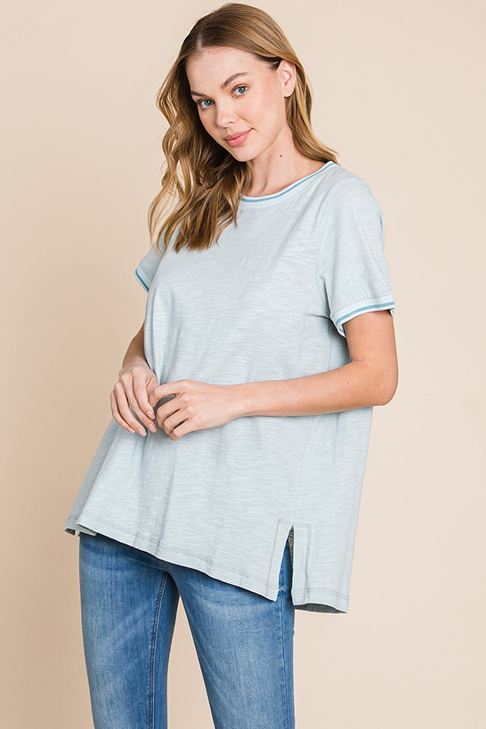 Cotton Bleu by Nu Lab Contrast Trim Short Sleeve Slit T-Shirt - Charming Charlie